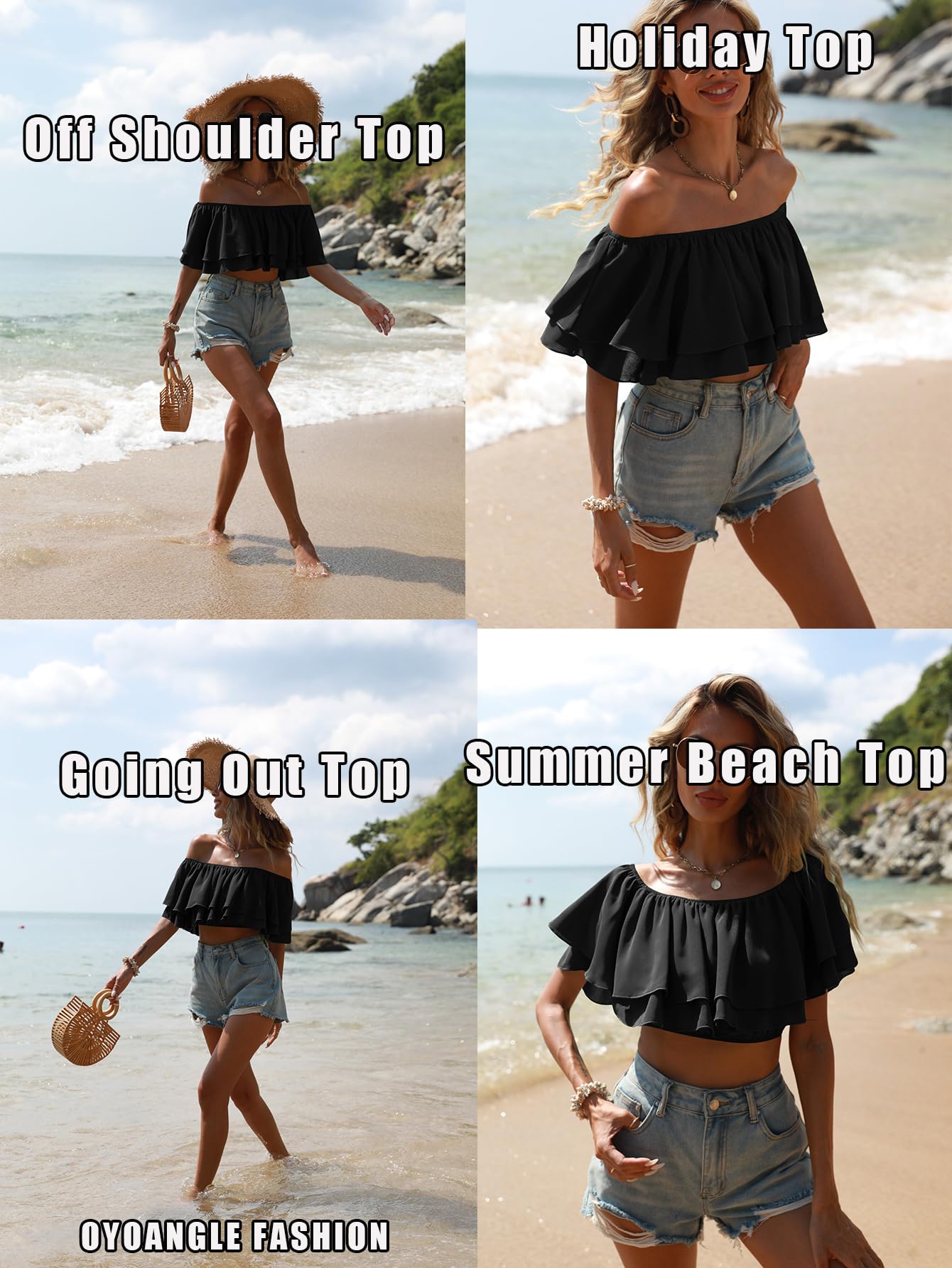 OYOANGLE Women's Off Shoulder Short Sleeve Ruffle Blouse Summer Vacation Crop Tops