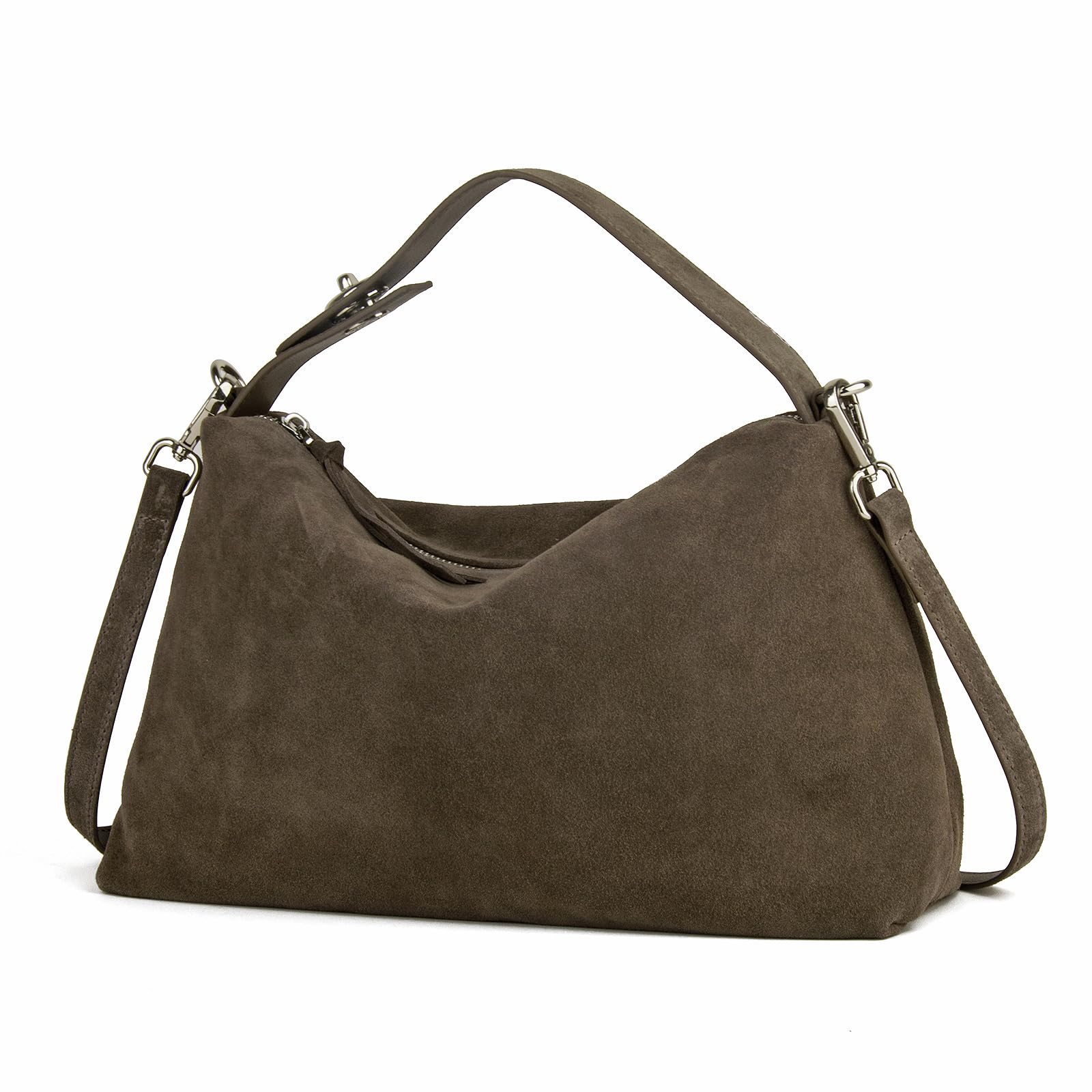 DONNAIN Premium Wildleder Tasche Damen aus Halbmondform, Handtasche Leder, Lederhandtasche Damen Echtleder, Umhängetasche, Elegant Suede Bag mit verstellbarem Riemen