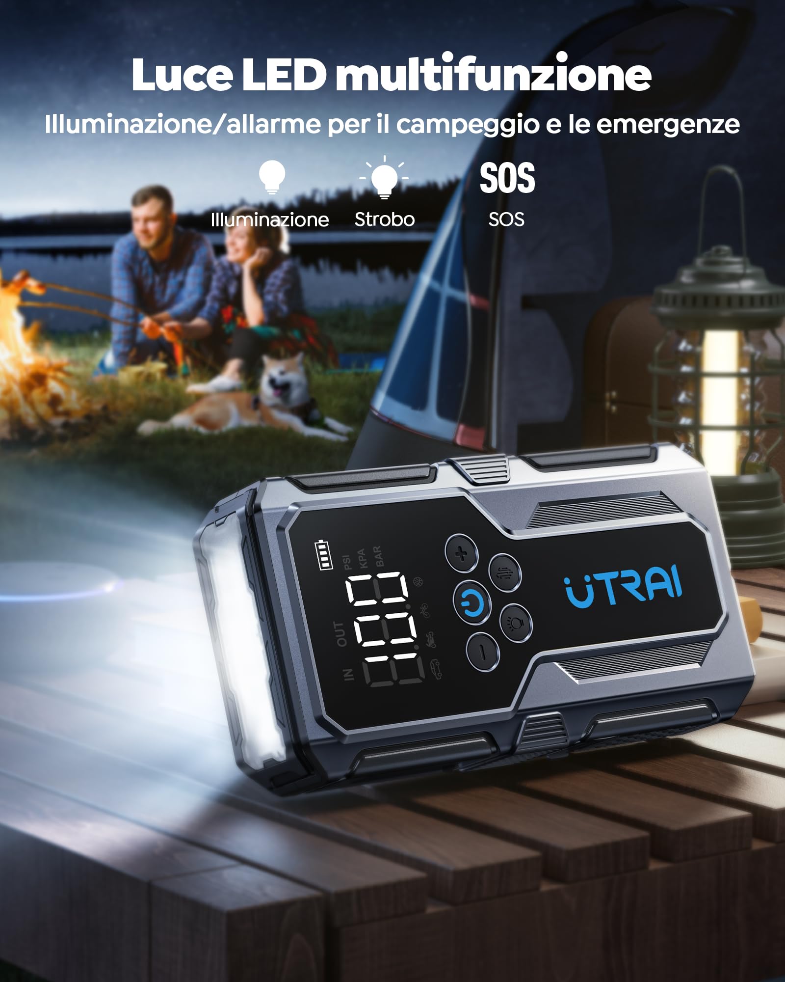 UTRAI 10-IN-1 Avviatore Batteria Auto con Compressore 150PSI, 7000A Booster Avviamento Auto/Moto per 12V Veicoli a Motore (9.0L Benzina/7.0L Diesel), Avviatore Emergenza con Ricarica Rapida LED Torcia
