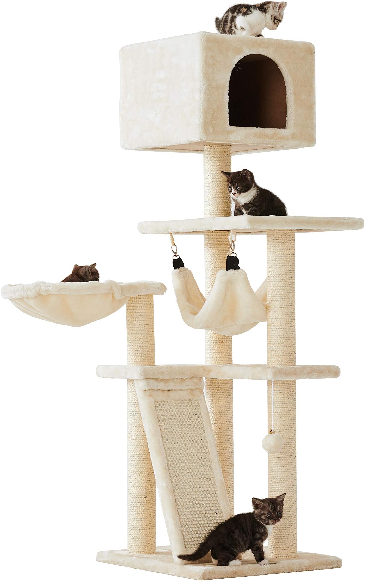 52”Multi-Level Cat Tree with Sisal-Covered Scratcher,Hammock, Basket,Condo and Activity Center (Cream)