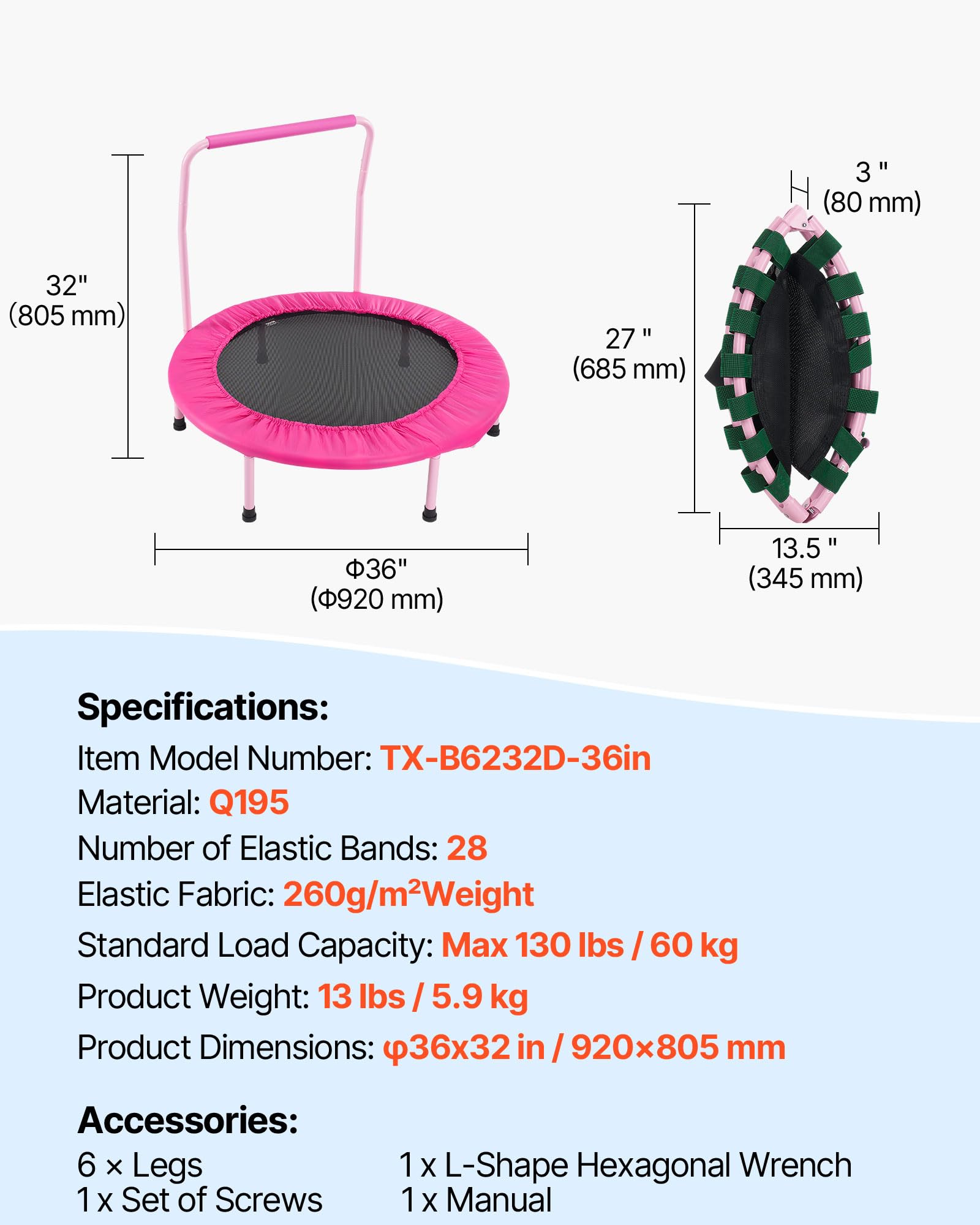 VEVOR Mini Trampoline Pliable pour Enfant, 955 x 750 mm, Fitness rebounder pour Tout-Petits avec poignée, Cadeau d'anniversaire pour Enfants de 3 Ans et Plus, garçons et Filles pour s'amuser, Rose