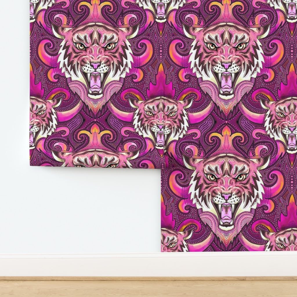 Peel & Stick Wallpaper 3ft x 2ft - Pink Tigers Purple Orange Maximalist XL Jungle Custom Removable Wallpaper by Spoonflower