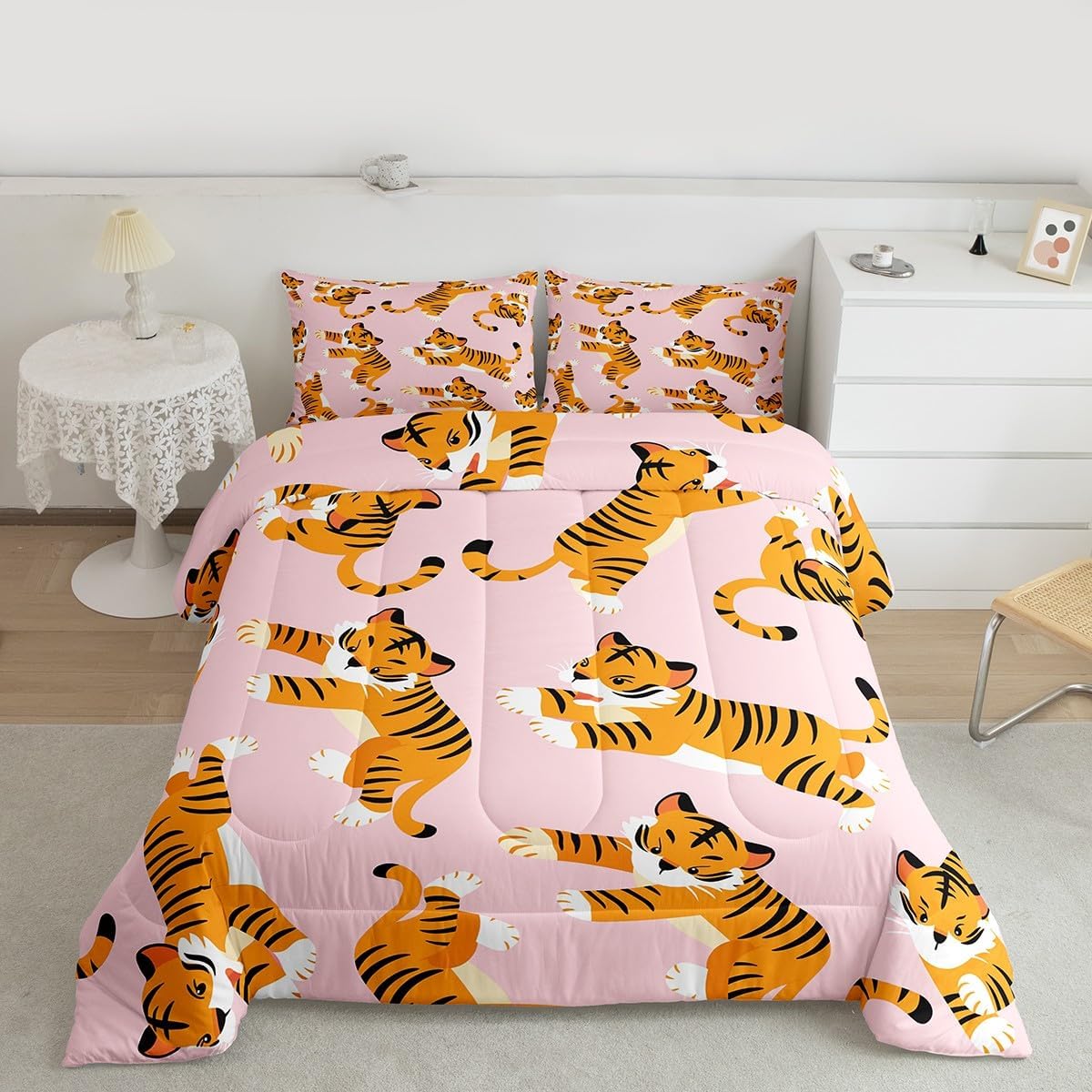 Erosebridal Cute Tiger Comforter Set Queen, Cartoon Tigers Bedding for Kids Boys Girls, Orange and Black Kawaii Wild Animals Bedding Comforter Sets, Big Cat Pink Bedroom Decor Duvet Insert