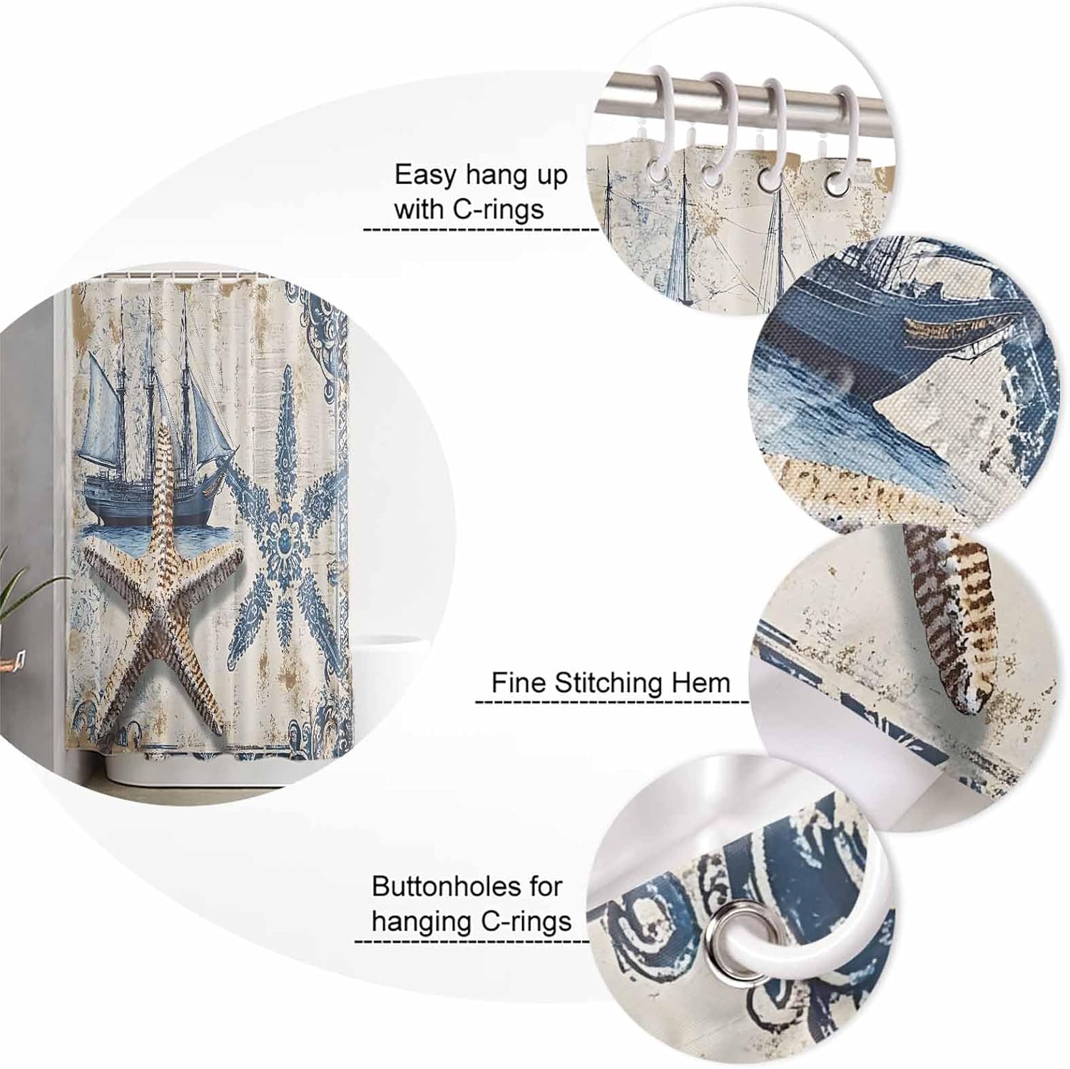 Vintage Nautical Shower Curtain, Stall Shower Curtains for Bathroom/Bathtub, Summer Coastal Floral Starfish Waterproof Fabric Bathroom Curtain Set with 12 Hooks, 36" x 78"