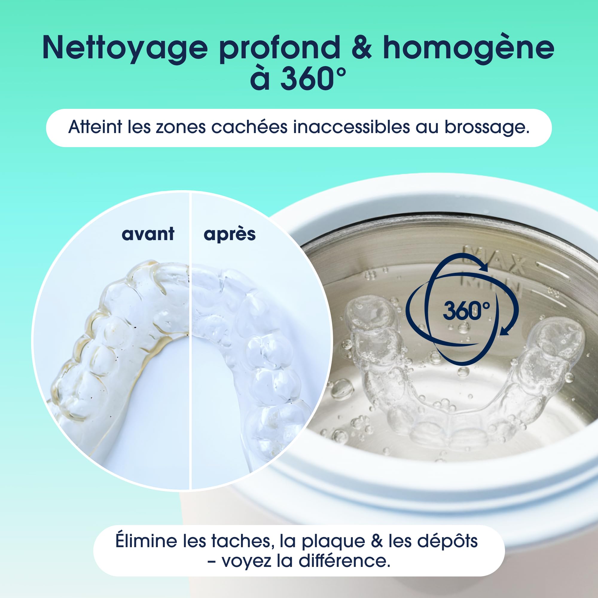 ZENT SoniQWave Nettoyeur ultrasons 200ml, Bac ultrason pour Prothèses Dentaires, Aligneurs orthodontiques, Nettoyant bijoux - Technologie de nettoyage à 360°, Idéal pour voyager, Dispositif médical