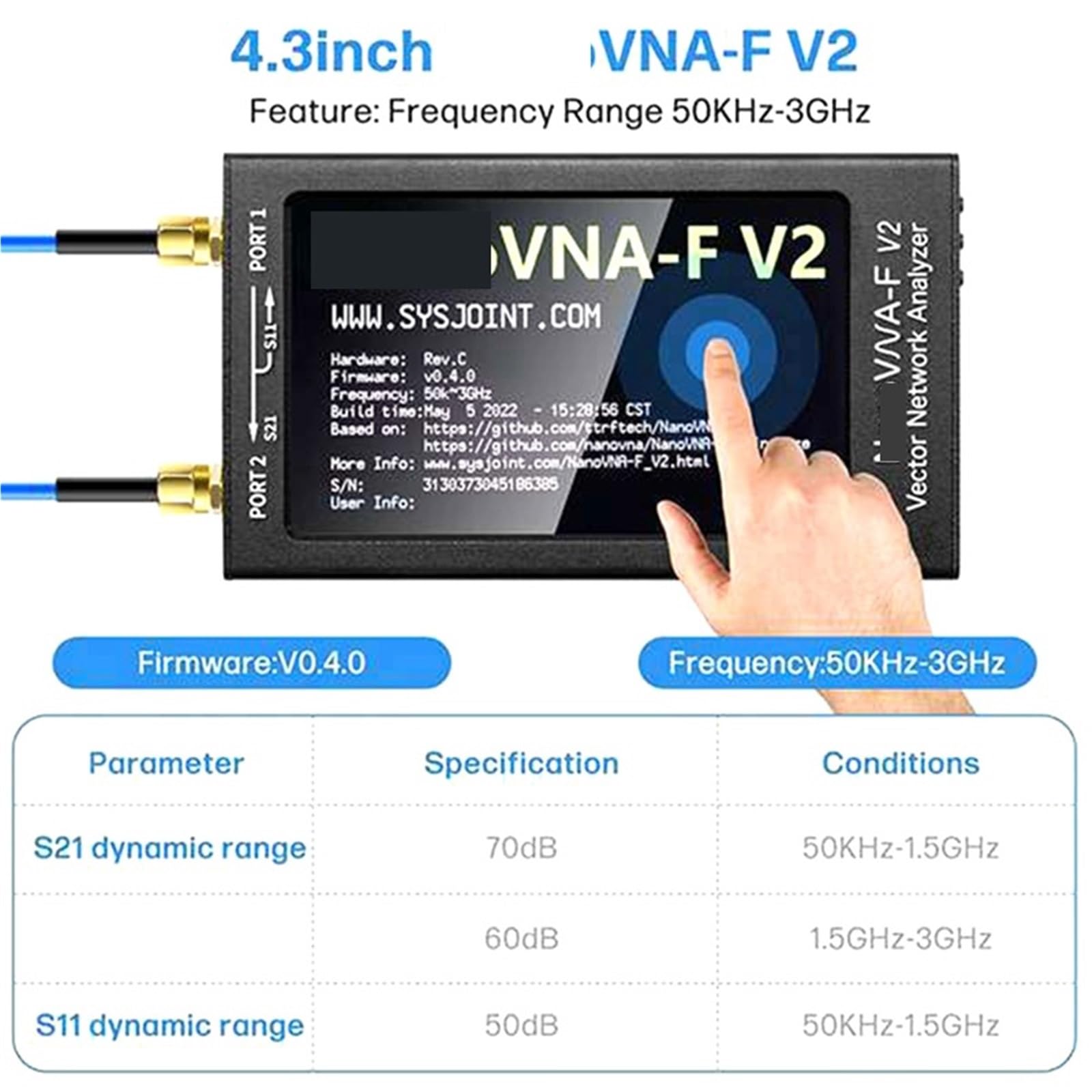 Analizador de Espectro, Analizador de red vectorial VNA-F V2 de 50 KHz a 3 GHz, analizador de antena HF, VHF y UHF con batería de 5000 mAh que mide parámetros S.