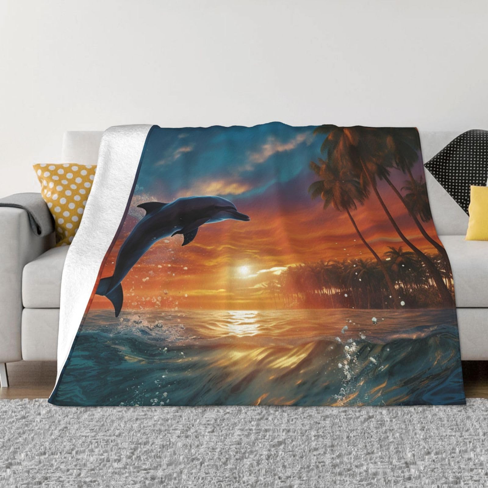 KLOPH Dolphins and Palm Trees Throw Blanket 40"x30" Flannel Fluffy Warm Blanket for Couch, Reversible Plush Blankets for Bed, Comfy Fuzzy Blanket for Sofa, Plush Lightweight-Blankets for All Season
