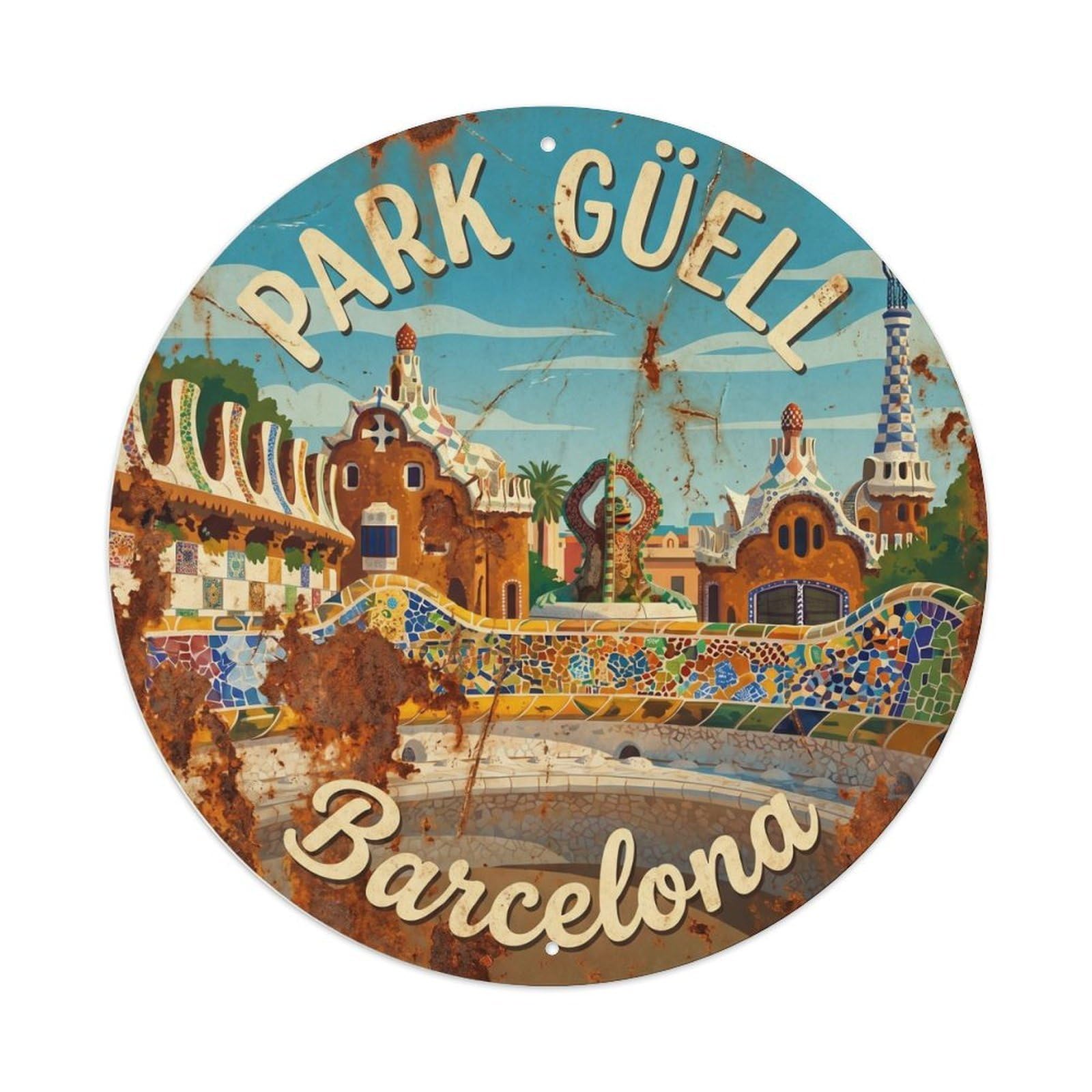 Vintage Travel Park Guell Barcelona Metal Tin Sign Plaque Wall Decor for Cafe, Club Bar, Office, Home Garden Round Metal Poster 8x8Inch