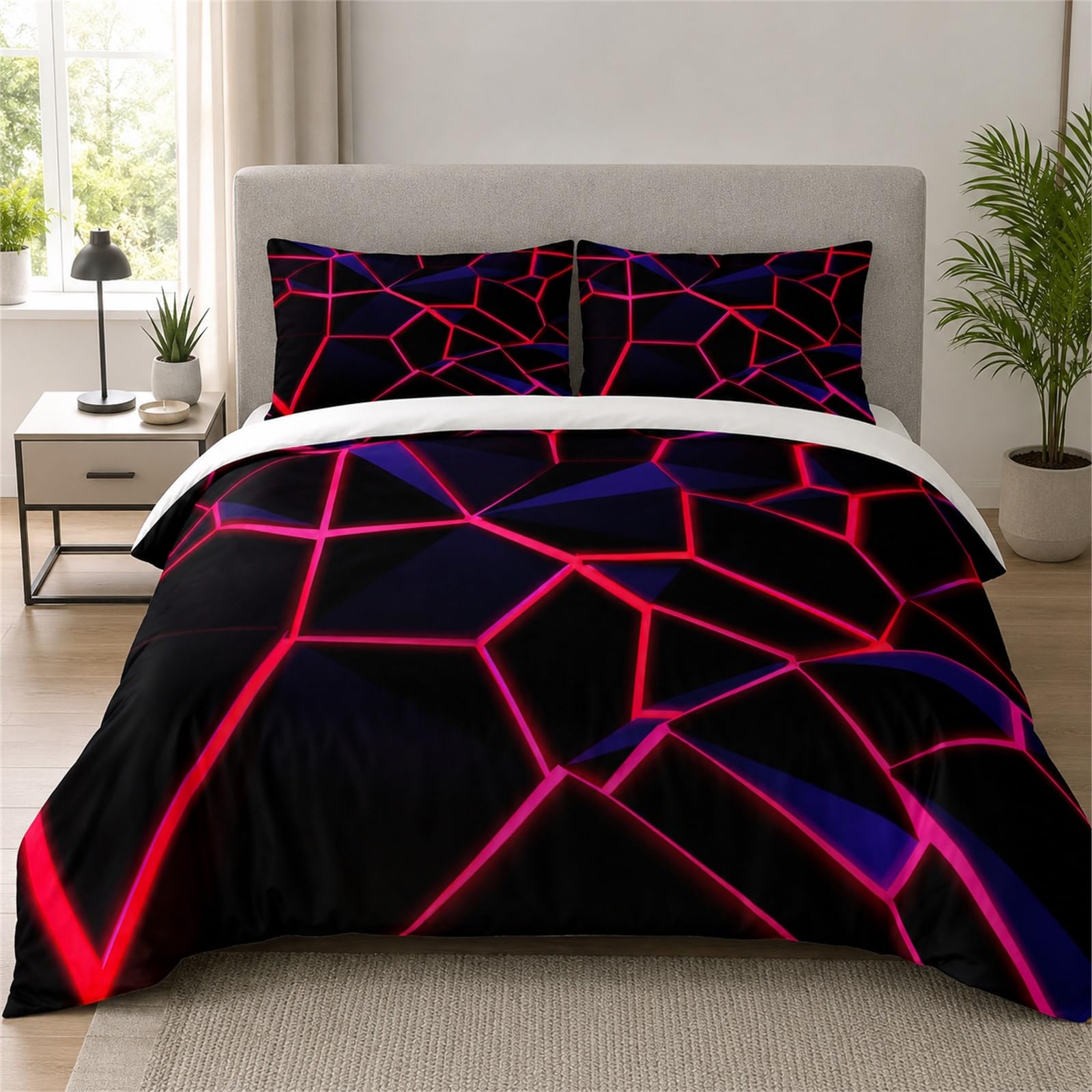 Tabeskly Boys Kids Geometric Triangle Bedding Geometry Triangular Polygonal Double Duvet Cover Sets with Zipper Black Neon Red 200x200 CM — image 1