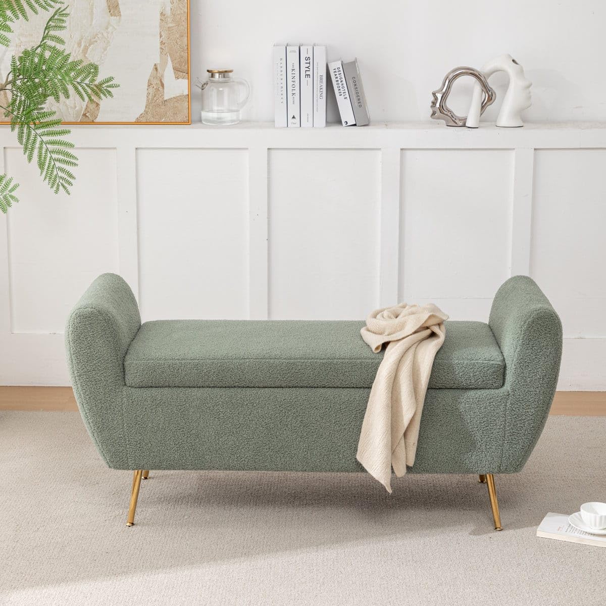 Storage Ottoman Bench with Padded Seat | Gold Metal Legs | Large Storage Compartment | Upholstered Bedroom & Living Room Entryway Bench (SAGE Green)-image-18
