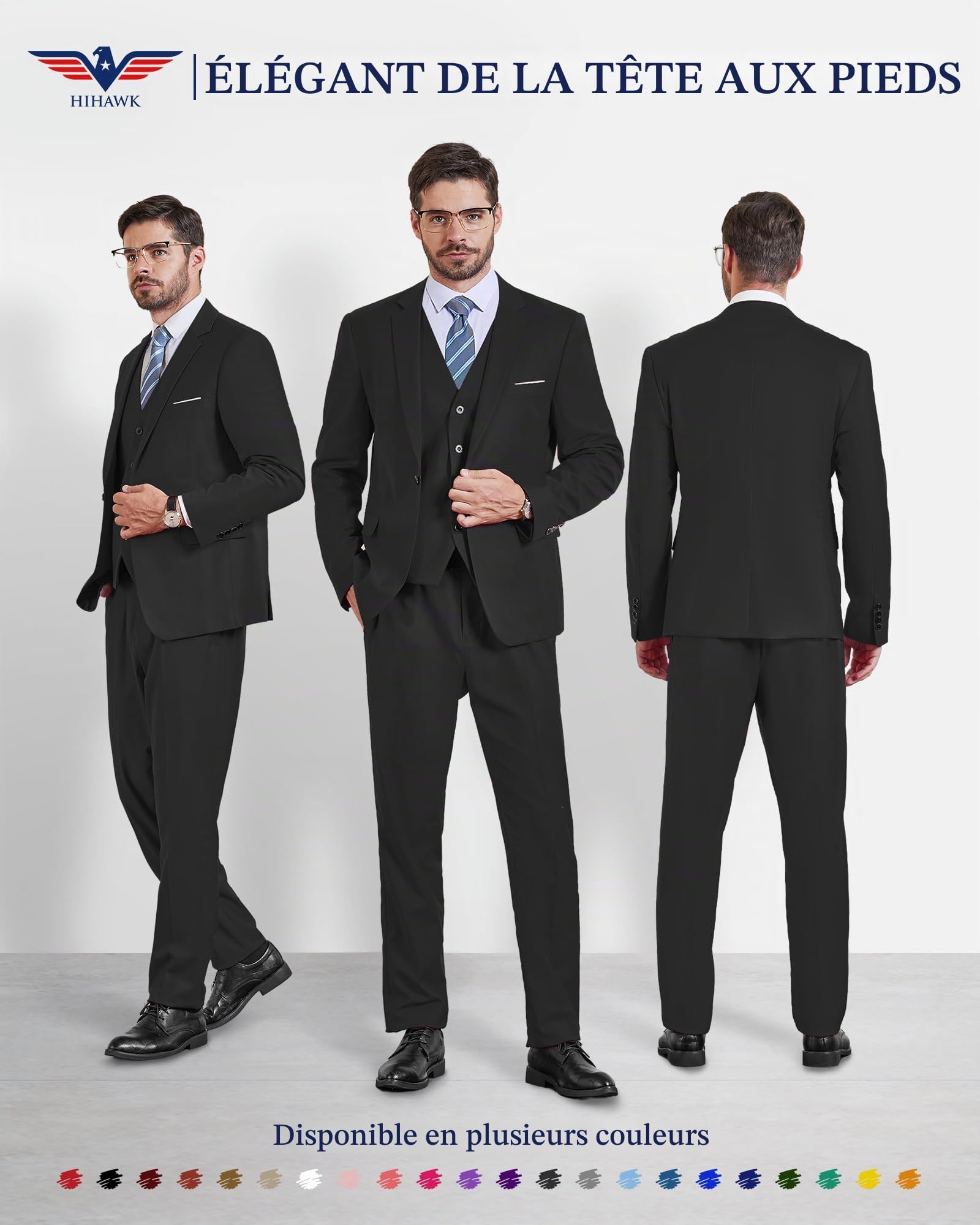 Hihawk Costume 3 pièces pour homme avec tissu extensible, coupe ajustée, ensemble blazer à un bouton, veste, gilet et pantalon avec cravate