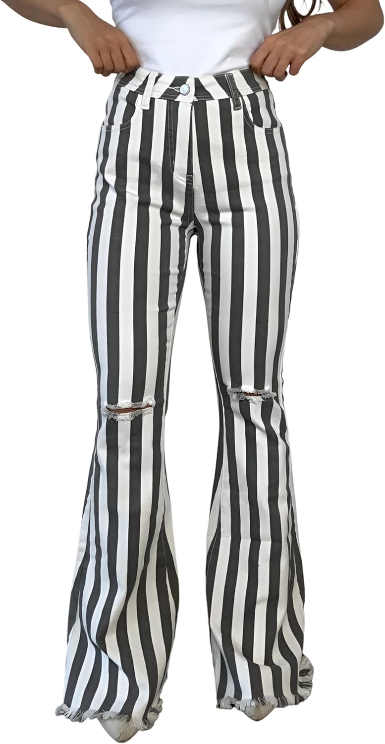 Willow Boutique Farrah Broadway Girl Striped Flares – High Waist Bell Bottom Jeans for Women, Women Fall Jeans | Outseam 44"