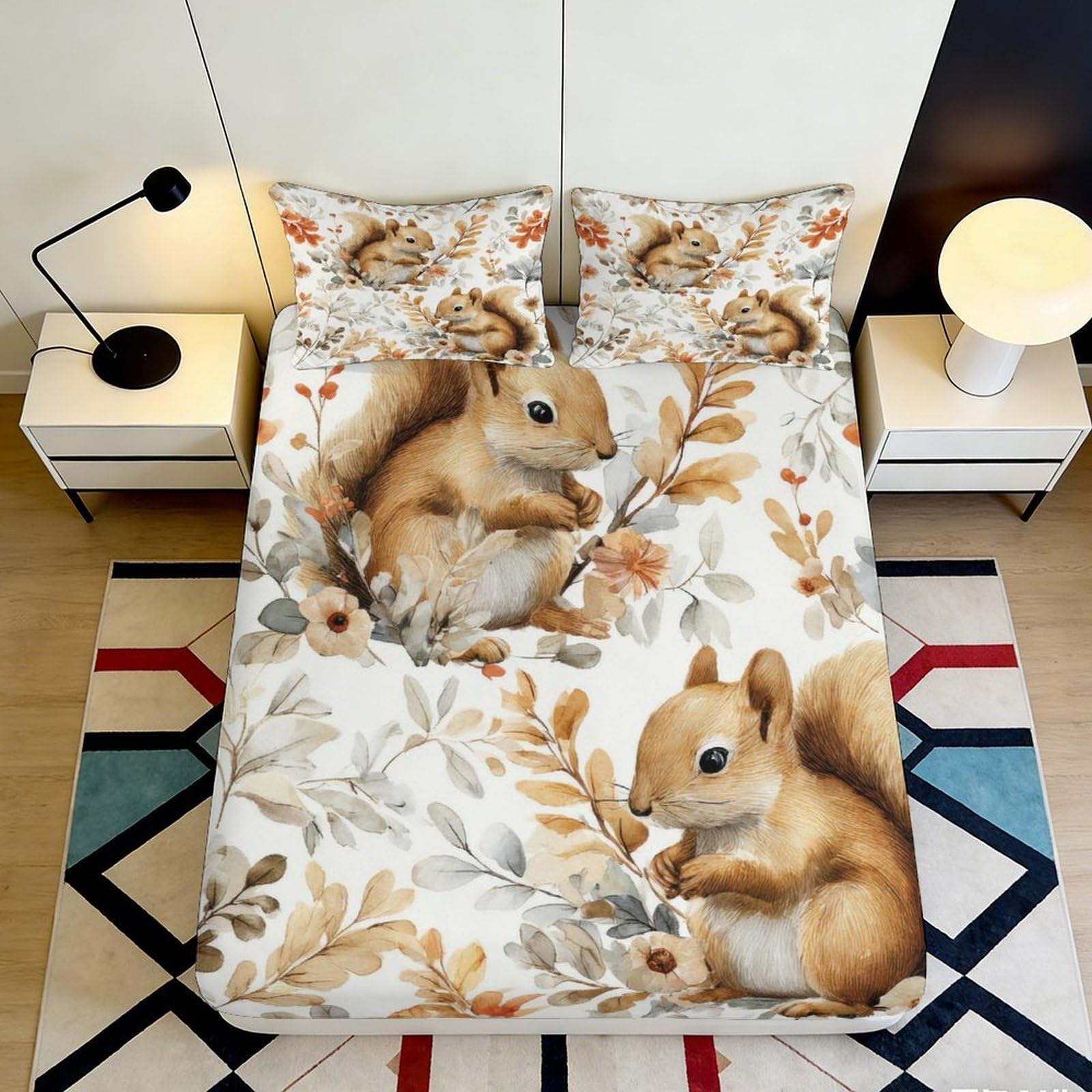 3D Printed Squirrel Forest Fitted Sheet Microfiber Soft Anti-Slip Autumn Leaves Mattress Cover for Bedroom Decor 90x200x25cm