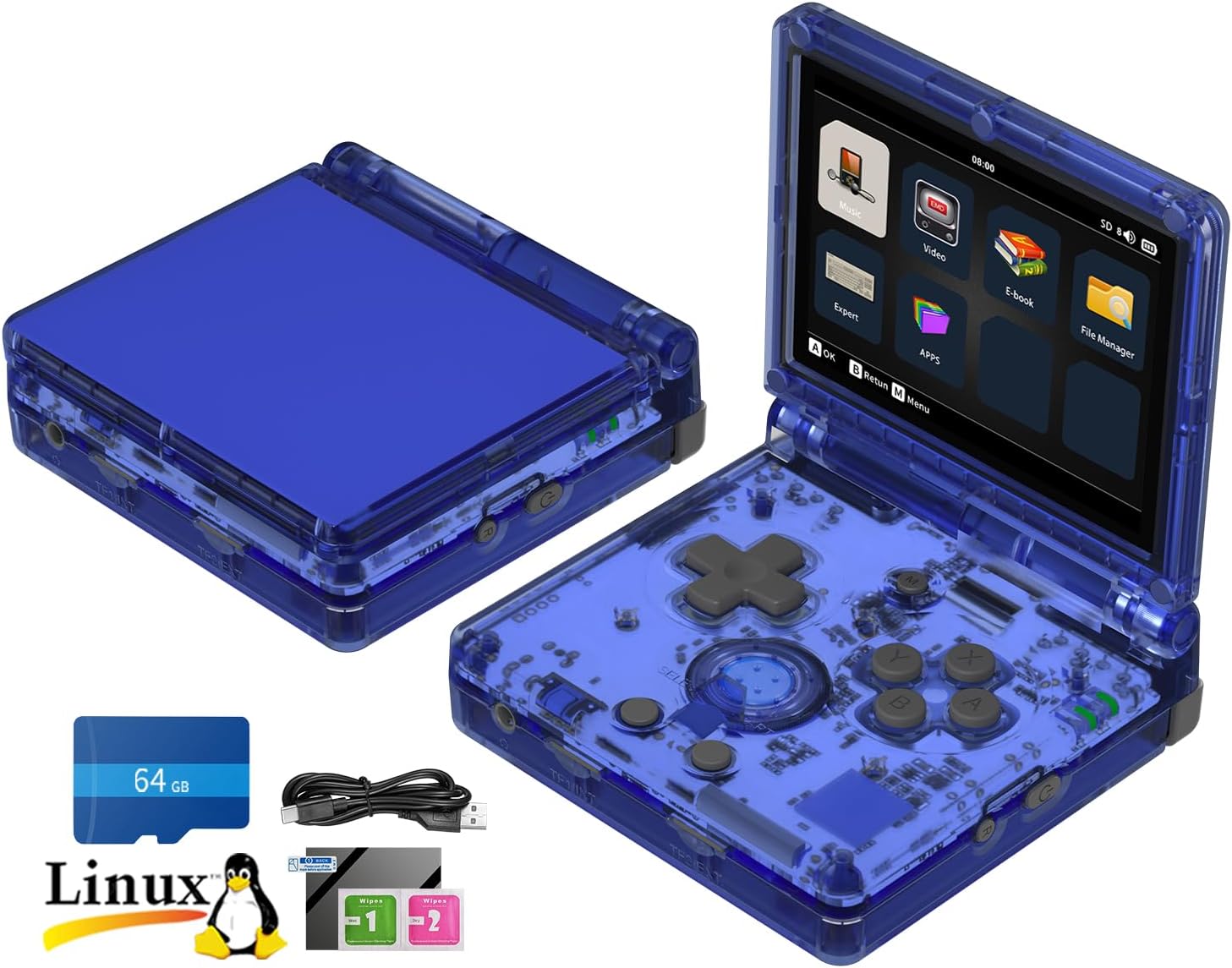 Daxceirf RG35XX Flip Handheld Game Console 3.5 inch IPS Screen Linux System 3300mAh 64G TF Card Built-in 5532 Games (Blue Transparent)
