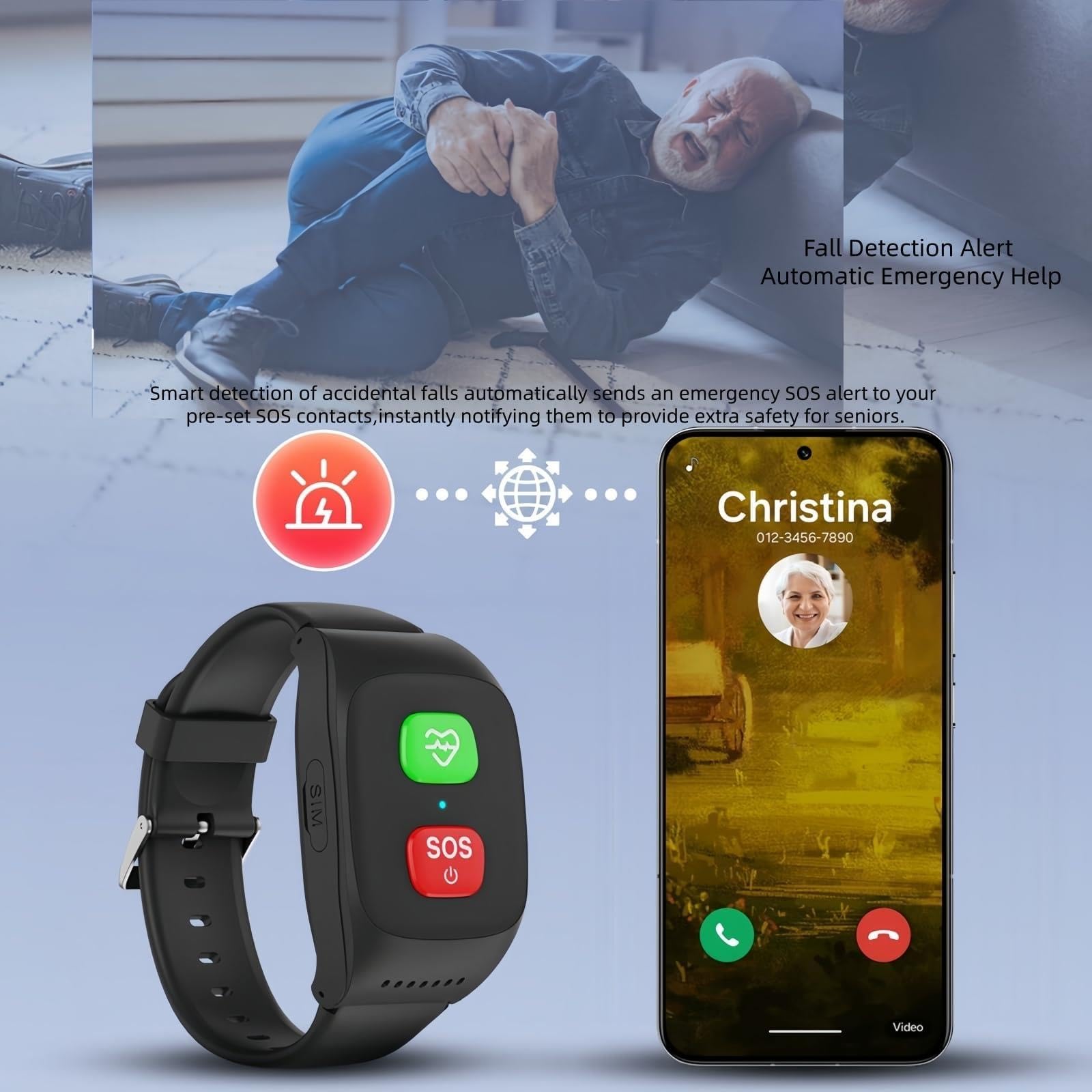 X&Z-XAOY Montre Connectée De Sécurité Bracelet avec Alerte De Chute Montre D'appel d'urgence en Un Clic pour Seniors Et Personnes Âgées