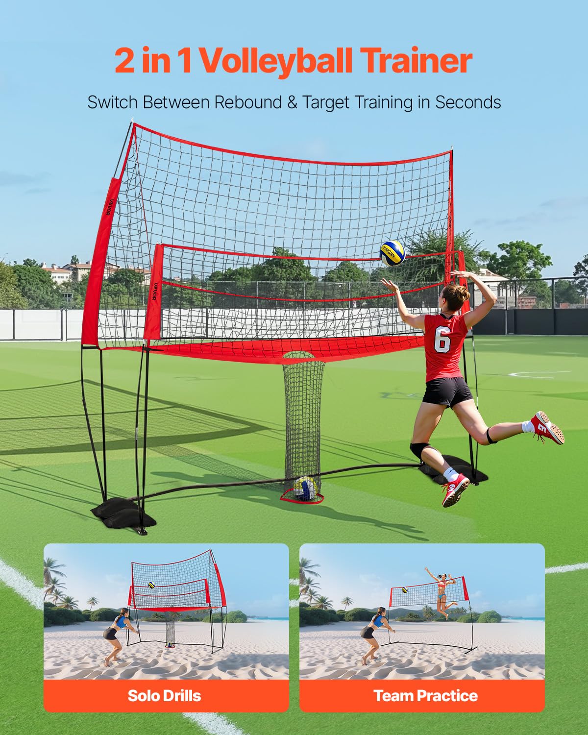VEVOR Sistema Rete per Allenamento Pallavolo, Attrezzatura Regolabile in Altezza con Ritorno Palla, Stazione di Rete Portatile, Facile da Installare per Giardino, Servizio per Migliorare Precisione