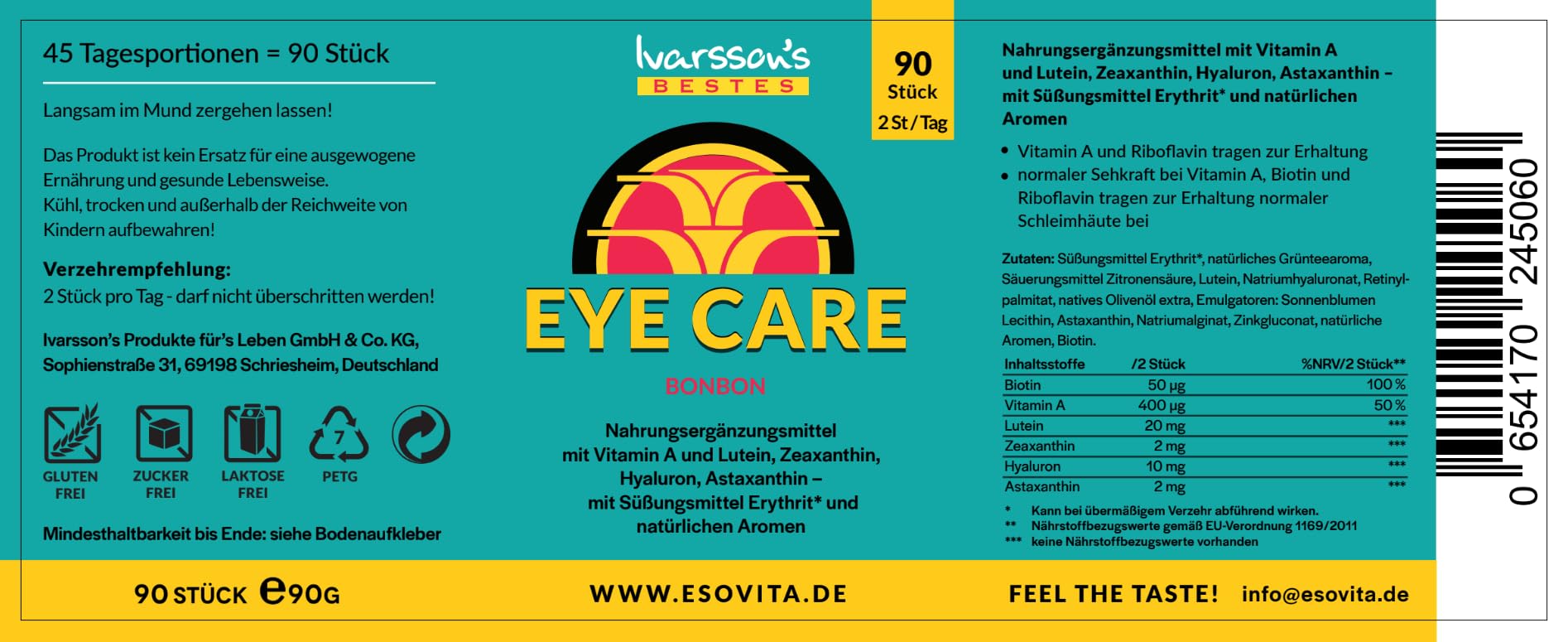 Eye Care 90 Stück zuckerfreie Bonbons Augenvitamine I Augenpflege Bonbons speziell für die Erhaltung der Augengesundheit mit Lutein Zeaxanthin Astaxanthin Biotin Vitamin A und Hyaluron