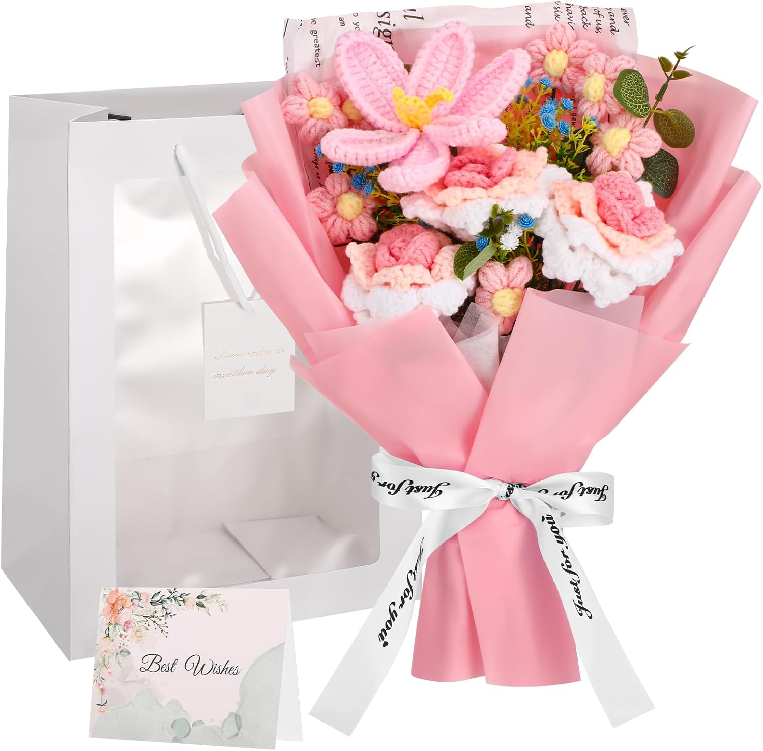 Ovveroche Crochet Flowers Bouquet, Hand Knitted Rose Tulip Crochet Flower with Gift Bag Greeting Card for Mother's Day, Home Decor, Weddings, Birthdays, Anniversary Graduation Gift