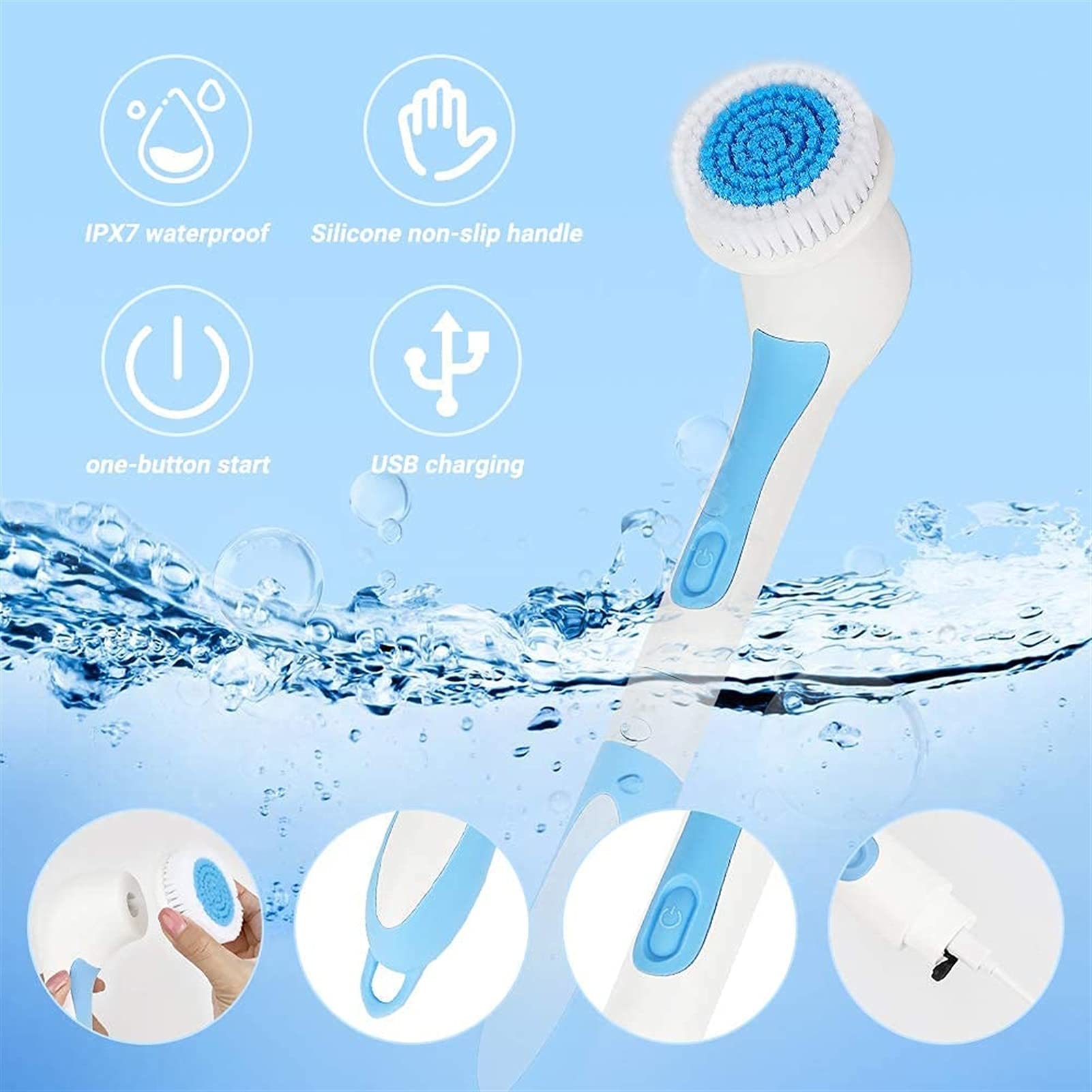 GeRRiT Ensemble de brosses de bain électriques, brosse corporelle en silicone étanche avec 4 têtes de brosse rotatives, brosse de douche for épurateur de bain facial exfoliant SPA, brosse dorsale à lo