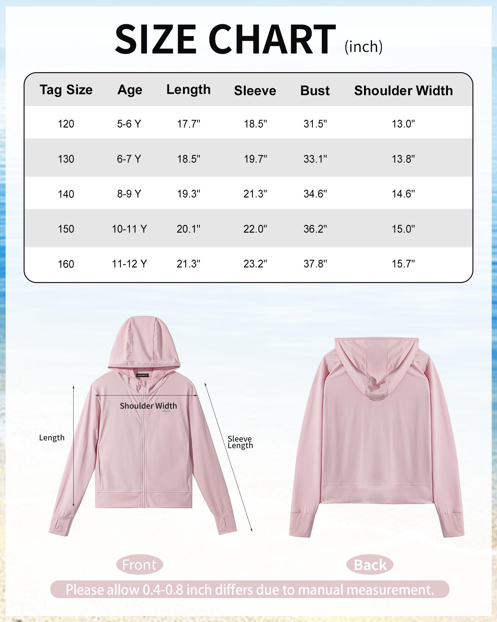 Rolanko Veste Fille à Manches Longues Protection Estivale Contre les Rayons UV Capuche à Séchage Rapide Avec Trous pour Les Pouce pour Enfants