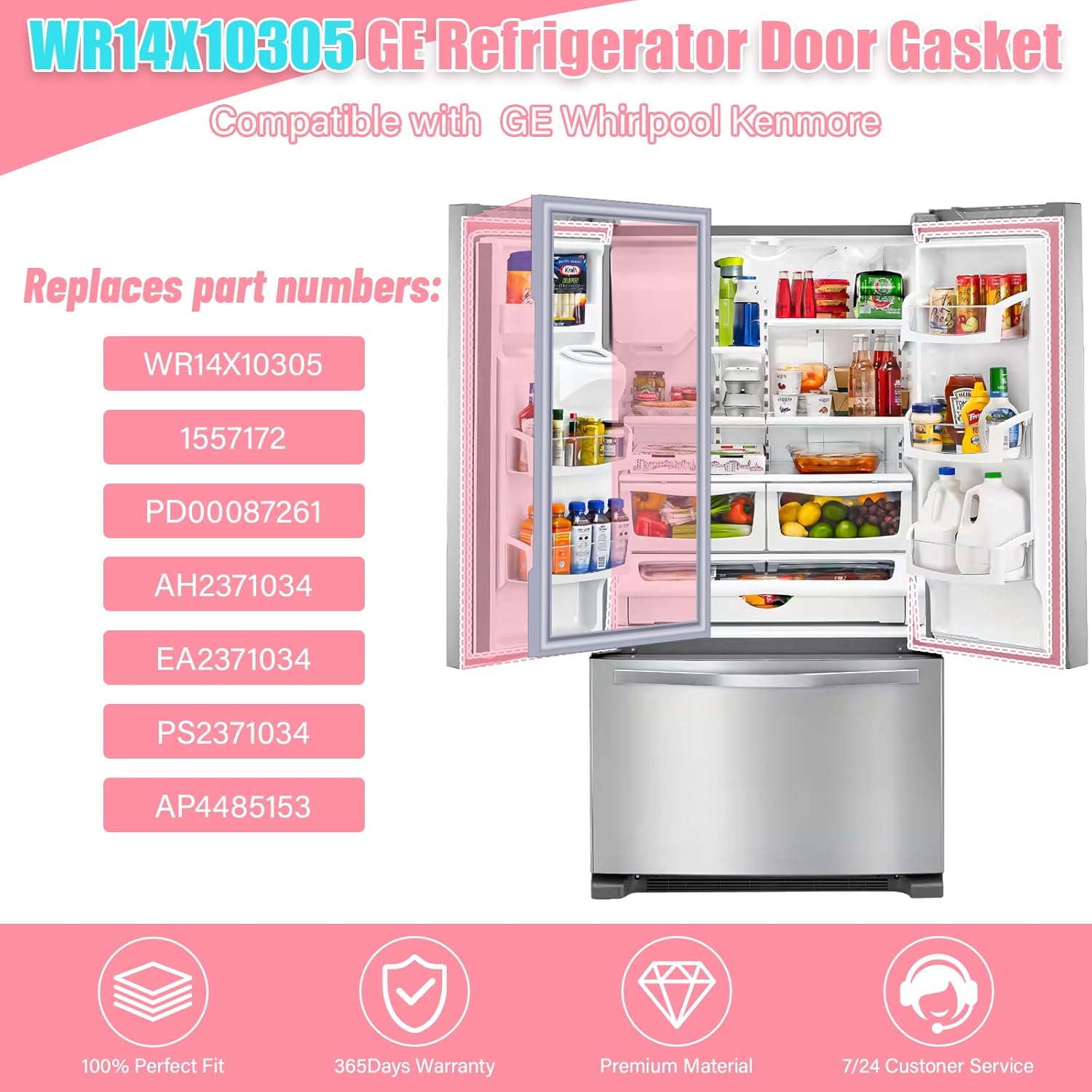 LXun Upgrad WR14X10305 Refrigerator Door Gasket Comaptible with GE Refrigerator Freezer Part, WR14X10305 Refrigerator Door Seal Replace Part AH2371034 EA2371034 PS2371034 for Whirlpol Door Gasket