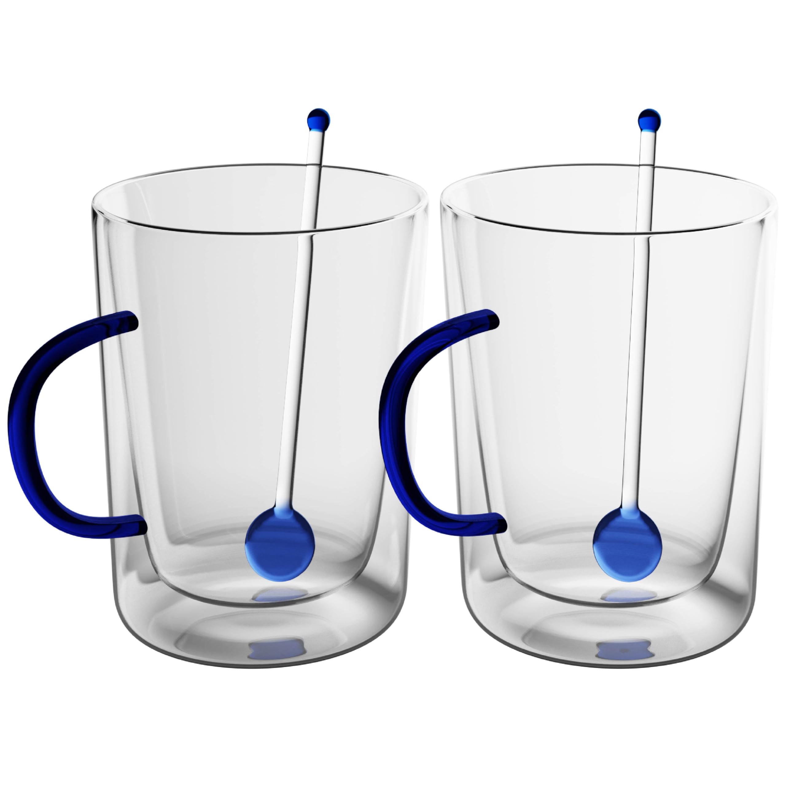 Elle Decor Double Wall Glass Coffee Mugs with Spoons | Set of 2 | Glass Cups with Colored Handles | Clear Coffee Mugs for Latte, Cappuccino, Espresso Coffee, Tea and Hot & Cold Beverages (Blue)