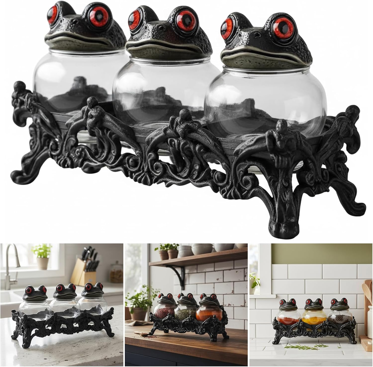3-Piece Frog Spice Jar Set Clear Glass Seasoning Containers with Frog Lids for Salt and Pepper Kitchen Storage