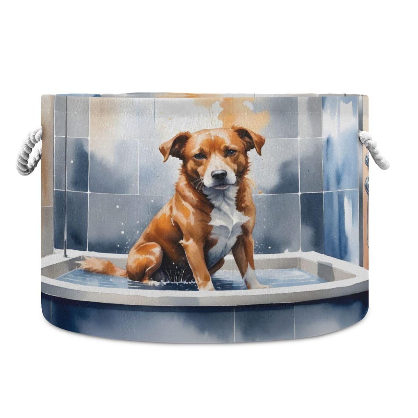 DUOBU Large Cotton Rope Basket Round Storage Basket Watercolor Dog Bathing Laundry Hamper for Toys,Blankets,Nursery,Laundry 20x14 in