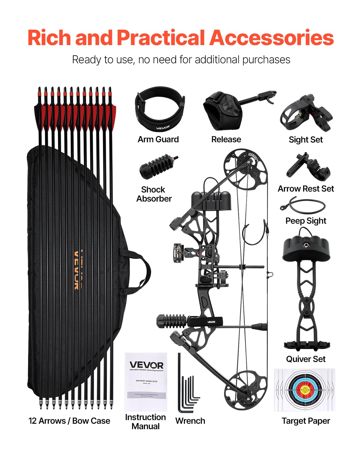 VEVOR Compoundbogen Bogenschießen, einstellbare 482,6-762 mm Auszugslänge Compoundbogen-Paket für Anfänger, 8,62-31,75 kg Zuggewicht, Rechtshänder-Kit mit Jagdausrüstung, 320 fps, Schwarz