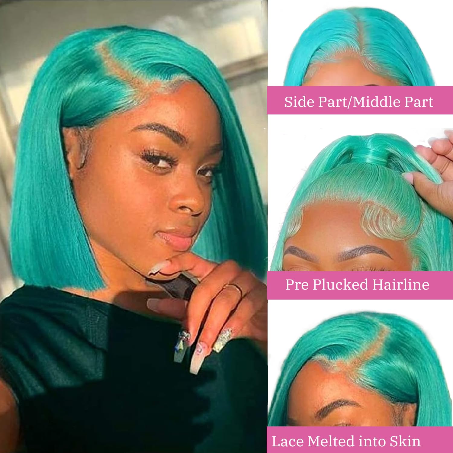 Bob Human Hair Lake Blue 13x4 Lace Front Wig, 10 Inch Short Bob, Glueless, Pre Plucked, Pre Cut, 180 Density, for Black Women