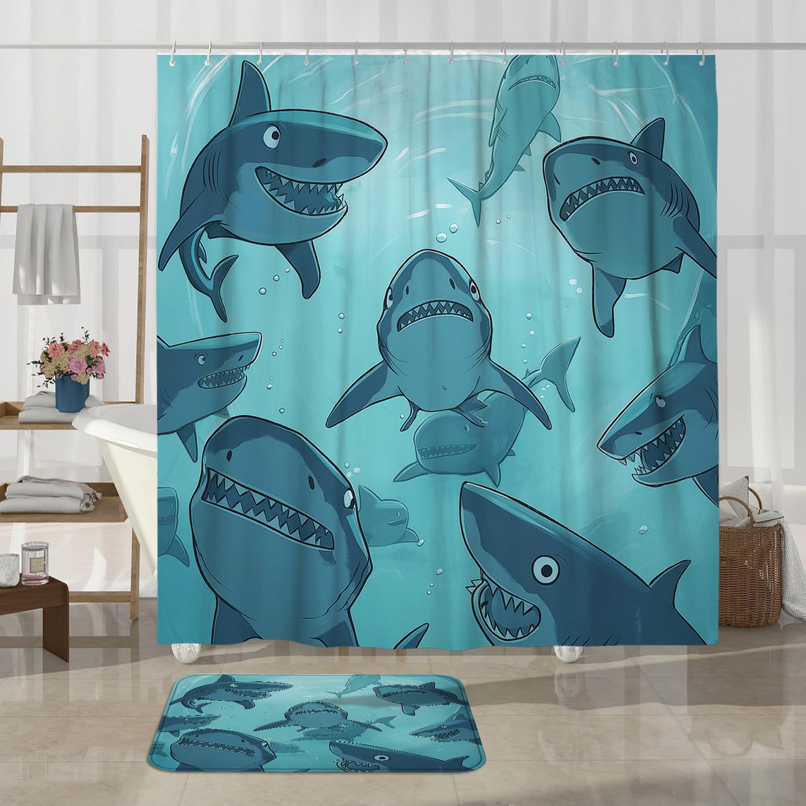 Juego de 4 accesorios de baño de tiburón anime para niños con alfombra antideslizante, en forma de U y cubierta de tapa de inodoro, decoración de baño de océano divertido de dibujos animados, 72 x 72