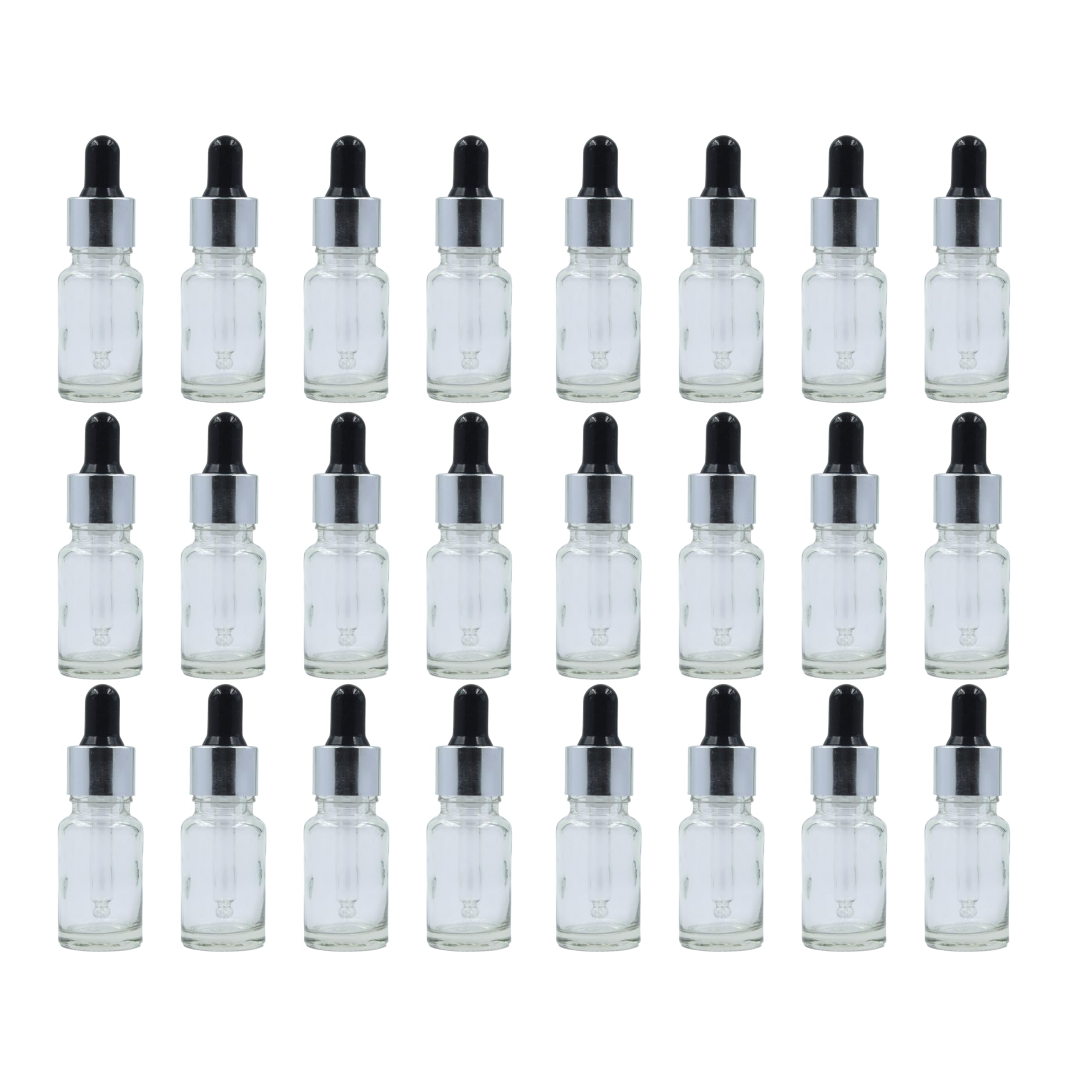 Transparent Glass Bottle with Euro Dropper for Essential Oil, Fragrance,DIY Beauty care with Silver ring + Black Silicone Teat, Leak Proof, Reusable, Refillable. 10ML - Pack of 24-image-38