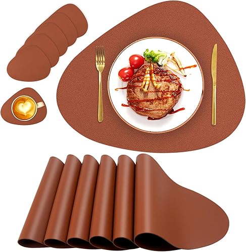 Juego de 6 manteles individuales de piel sintética para mesa redonda, lavables, lavables, para cocina, comedor, patio, resistentes al calor, fáciles