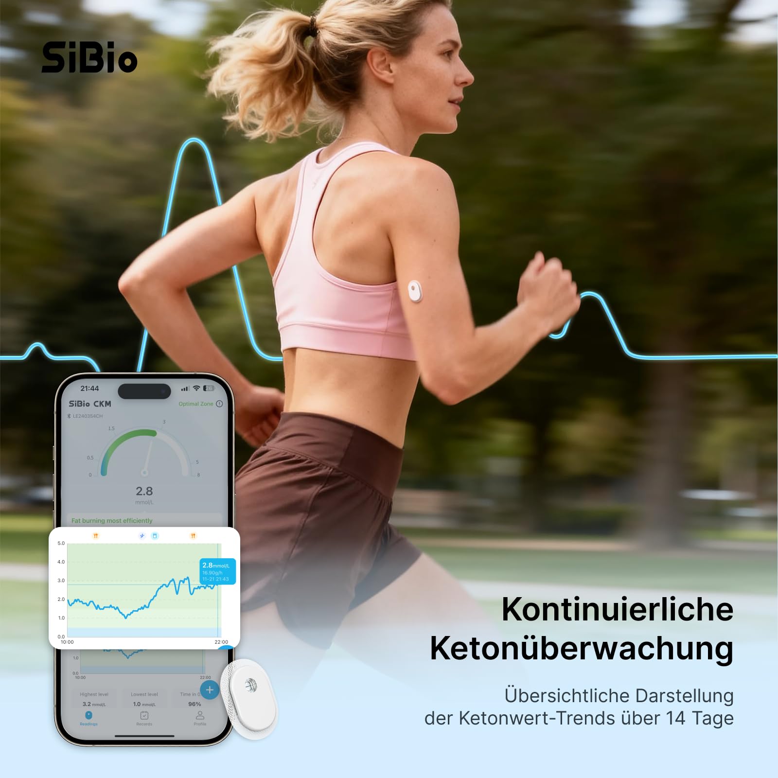 SIBIO KS3 Kontinuierliches Keton-Monitoring (CKM), 14-Tage Wearable-Sensor zur präzisen Ketose-Überwachung, Professionelles Echtzeit-Tracking für ketogene & Low-Carb-Diäten, kompatibel mit iOS/Android
