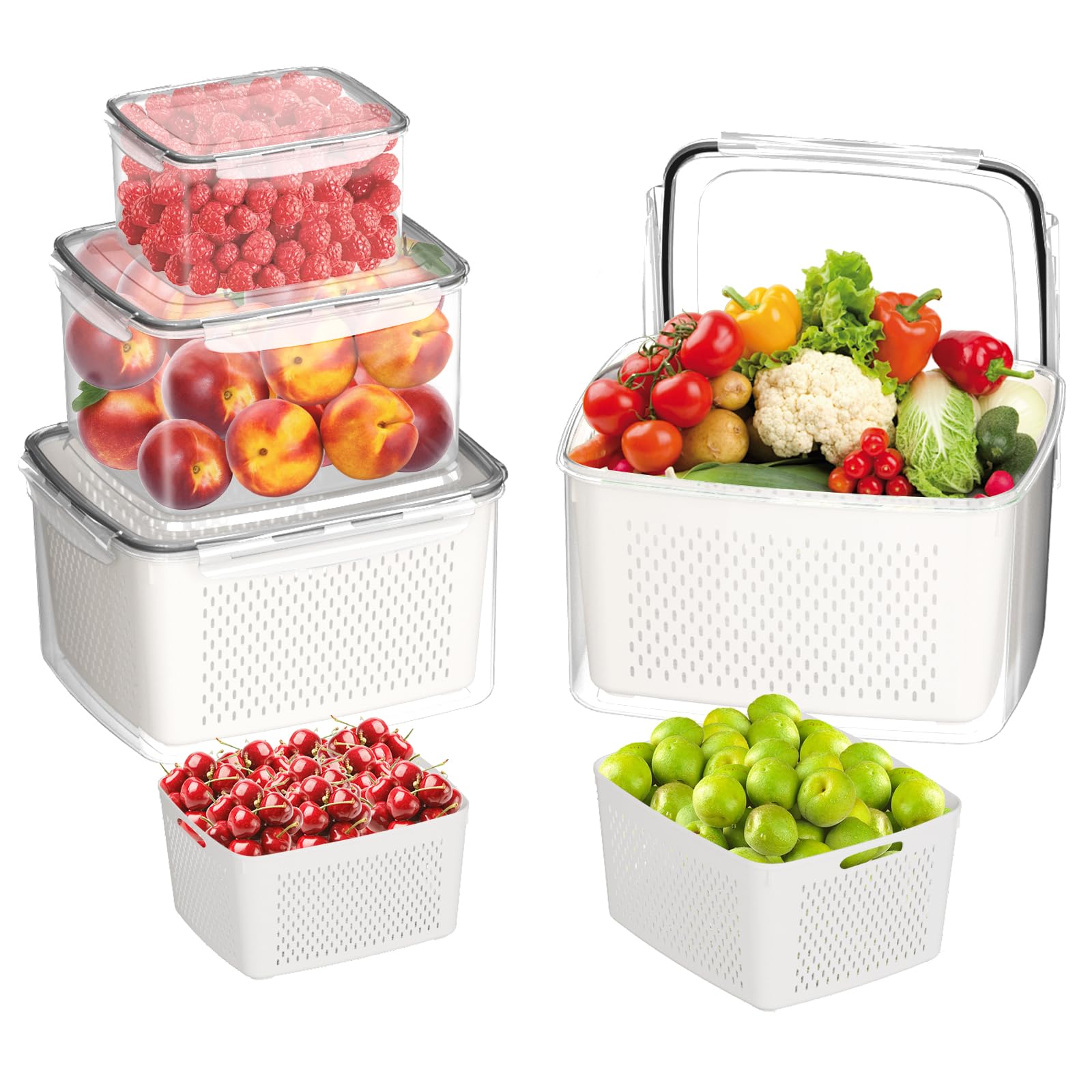 Fruit Storage Containers for Fridge - 4 PCS Poduce Containers for Fridge - Berry Containers for Fridge with Removable Drain Basket - Keep Fruit Lettuce Berry Vegetables Meat Food Stay Fresher Longer
