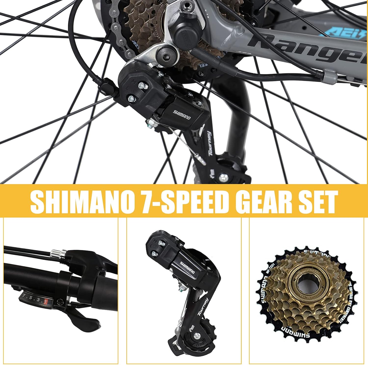 Composite image showing the German standard tail light, comfortable ladies seat, mechanical front and rear disc brakes, and bright LED headlight of the Hyuhome E-Bike.