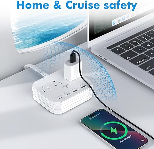 Miniatura 6 de Cruise Essentials - Regleta de alimentación de enchufe plano, cable de extensión duradero de 5 pies con extensor de 3 salidas y cable tipo C