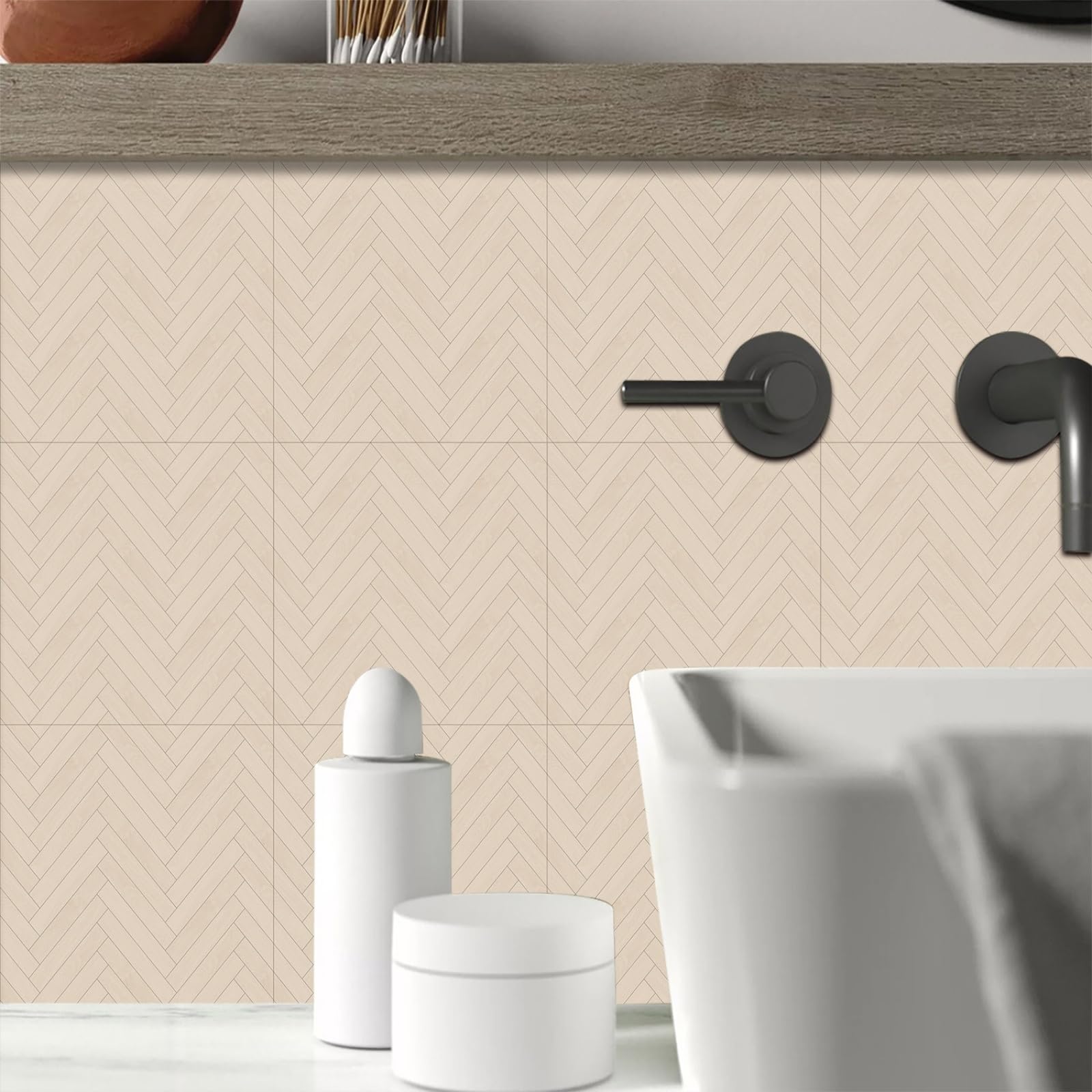 Stick on Tiles Beige Herringbone Tile Stickers for Bathroom Kitchen Backsplash Waterproof Tile Covers for Fireplace Surround Cabinet Furniture Stick on Kitchen Tiles 10x10 cm/10 pcs