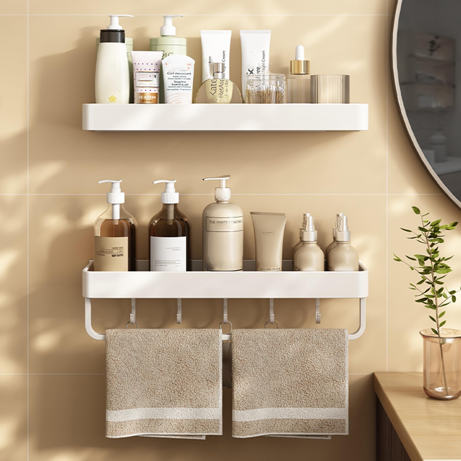 Estantes de Ducha Aluminio 2 Paquetes, estantes Ducha Adhesivos con Gancho, Estante Ducha Resistente al óxido Gran Capacidad, Organizador Almacenamiento baño Montaje en Pared,White e,50CM