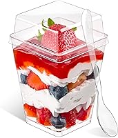 Vista 11 de Qeirudu Mini tazas de postre de 2 onzas con tapas y cucharas, paquete de 100 vasos de plástico para postres pequeños vasos cuadrados para servir