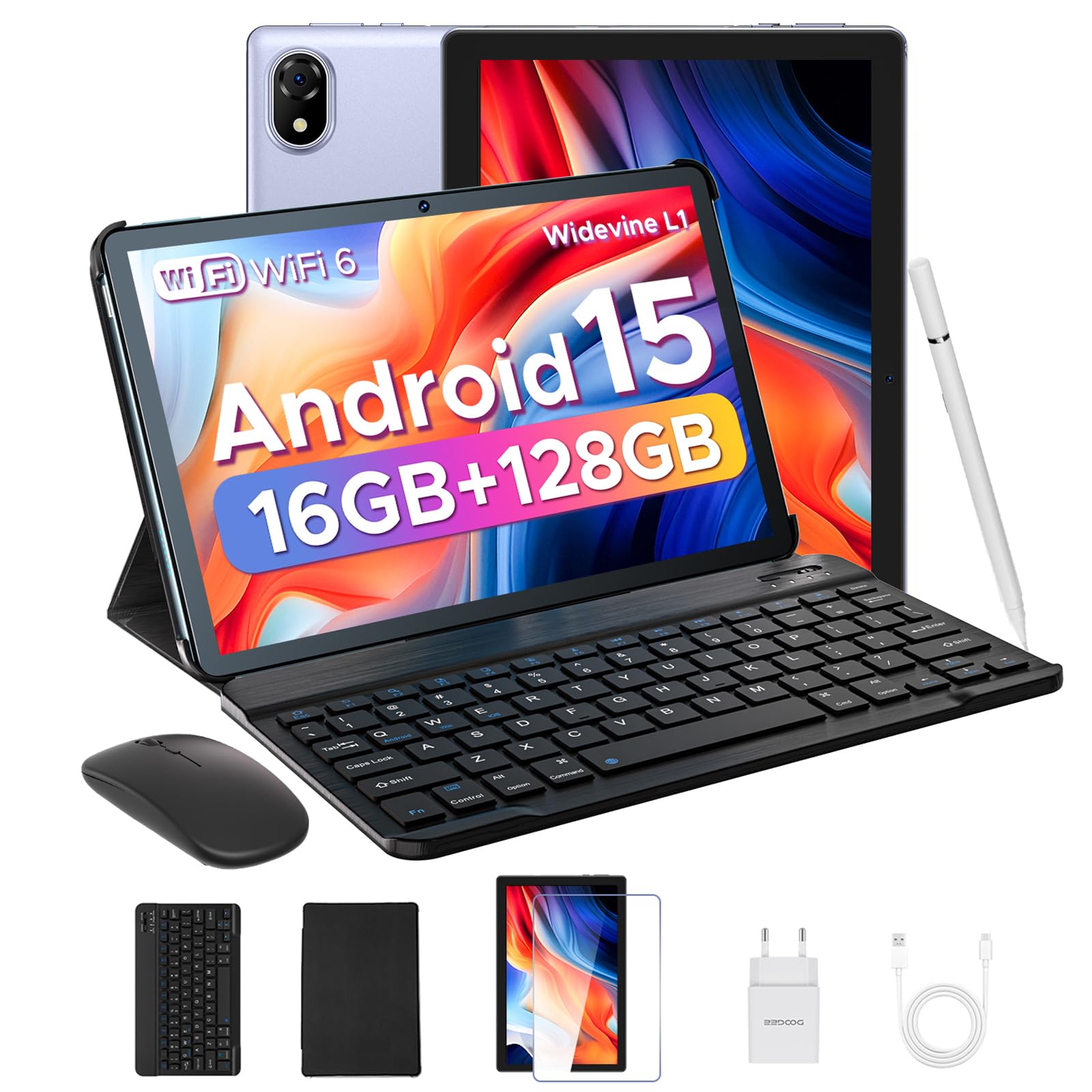 DOOGEE U10 10 inch Tablet with Keyboard, Android 15 Tablet 16GB+128GB/2TB Expand, 2.0GHz Quad Core Gaming Tablets,5060mAh,1280x800 IPS HD Touchscreen,WiFi 6,Dual Camera,BT5.0,Widevine L1,Purple