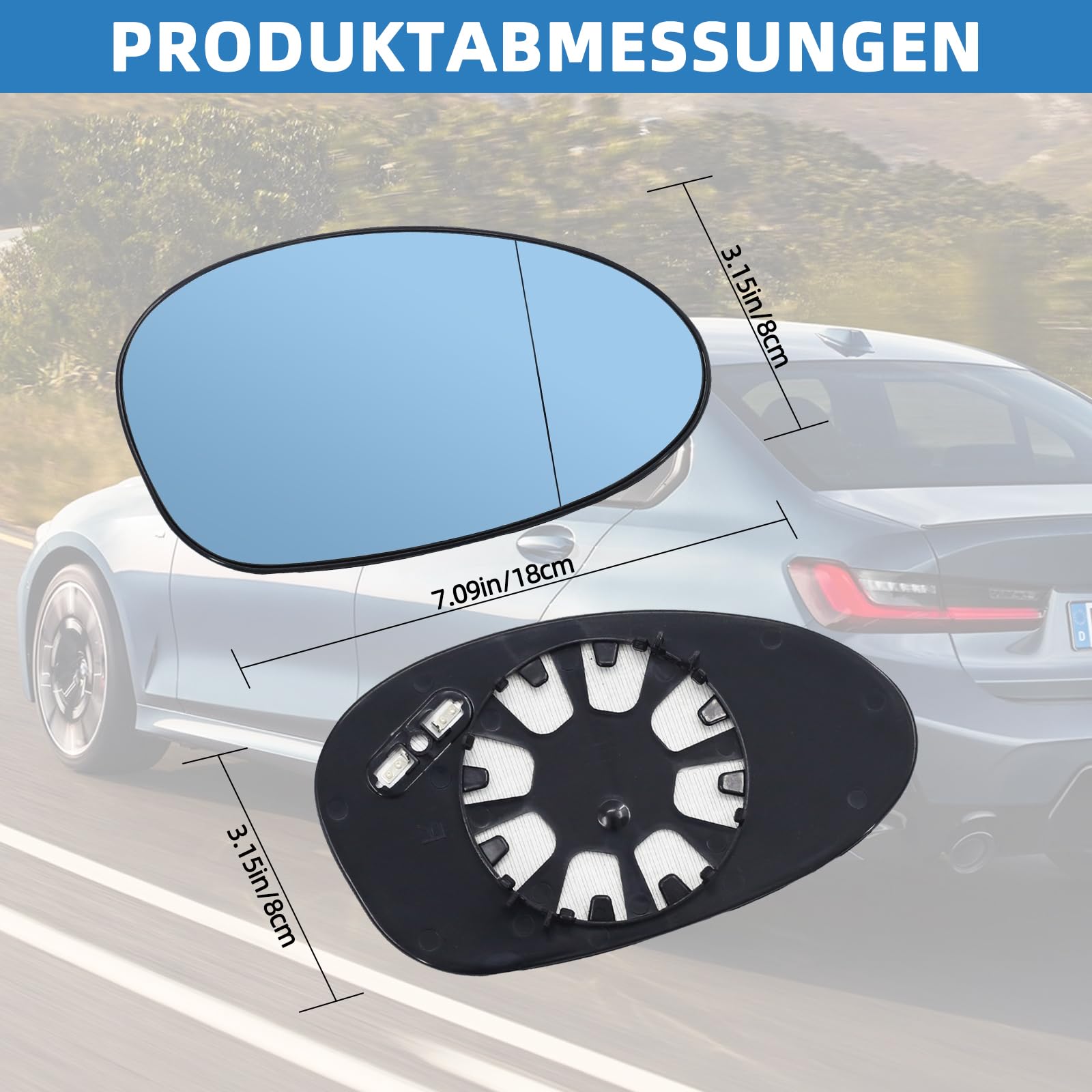 2x Außenspiegelglas Blau Getönt Heizbar für BMW 1er E81 E82 E87 E88 & 3er E90 E91 E92 E93, für E46 NUR für M3 (2000-2007 Clip-in), Spiegelglas Paar Links Rechts, Ersatz
