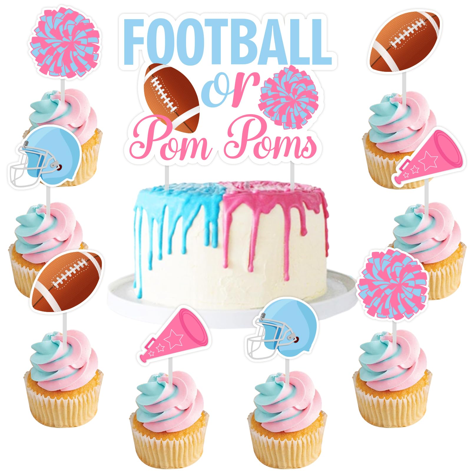 Sursurprise Football Gender Reveal Decorations, 25PCS Football or Pom Poms Cake Topper Cupcake Toppers, Gender Reveal Party Supplies for Boy or Girl