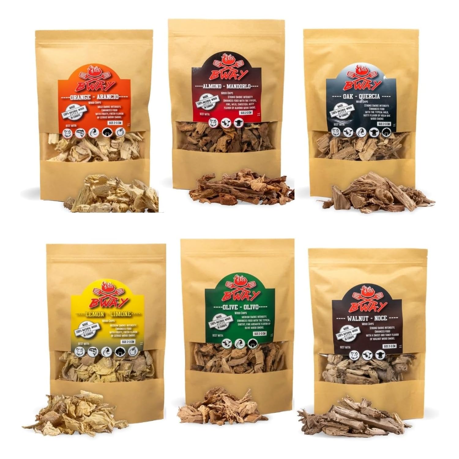 BWAY Chips Affumicatura - Legna per Barbecue per Affumicatura di Maiale, Pesce, Frutta e Verdura - Legno per Affumicatura al Gusto Olivo, Arancio, Mandorlo, Limone, Noci e Quercia (6x1L)