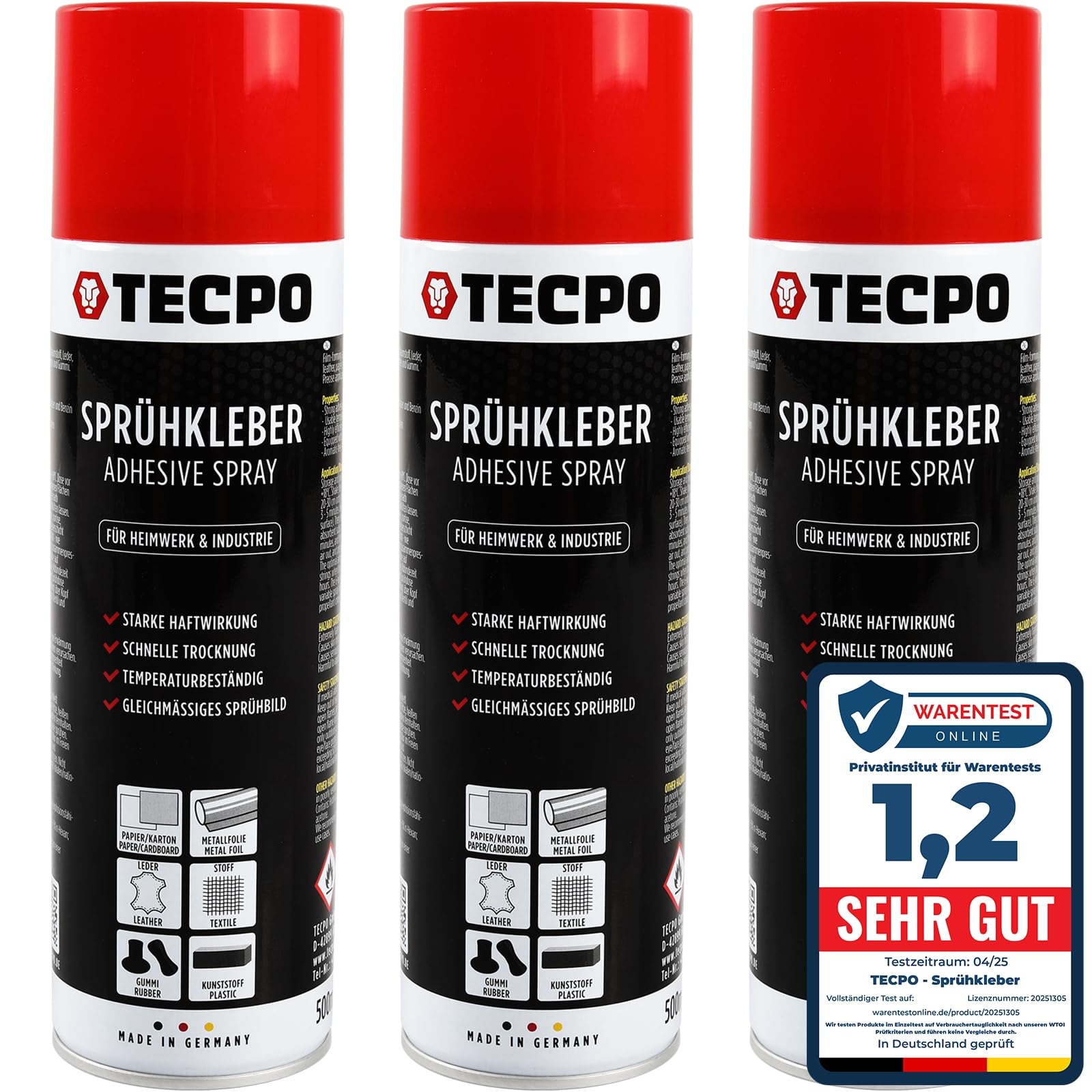 TECPO Sprühkleber 3x 500ml, Industriekleber, Stark haftend, Schnelle Trocknung, Hohe Temperaturbeständigkeit, Vielseitig für Textilien, Leder, Schaumstoffe, Dämmmaterialien, PVC, Papier