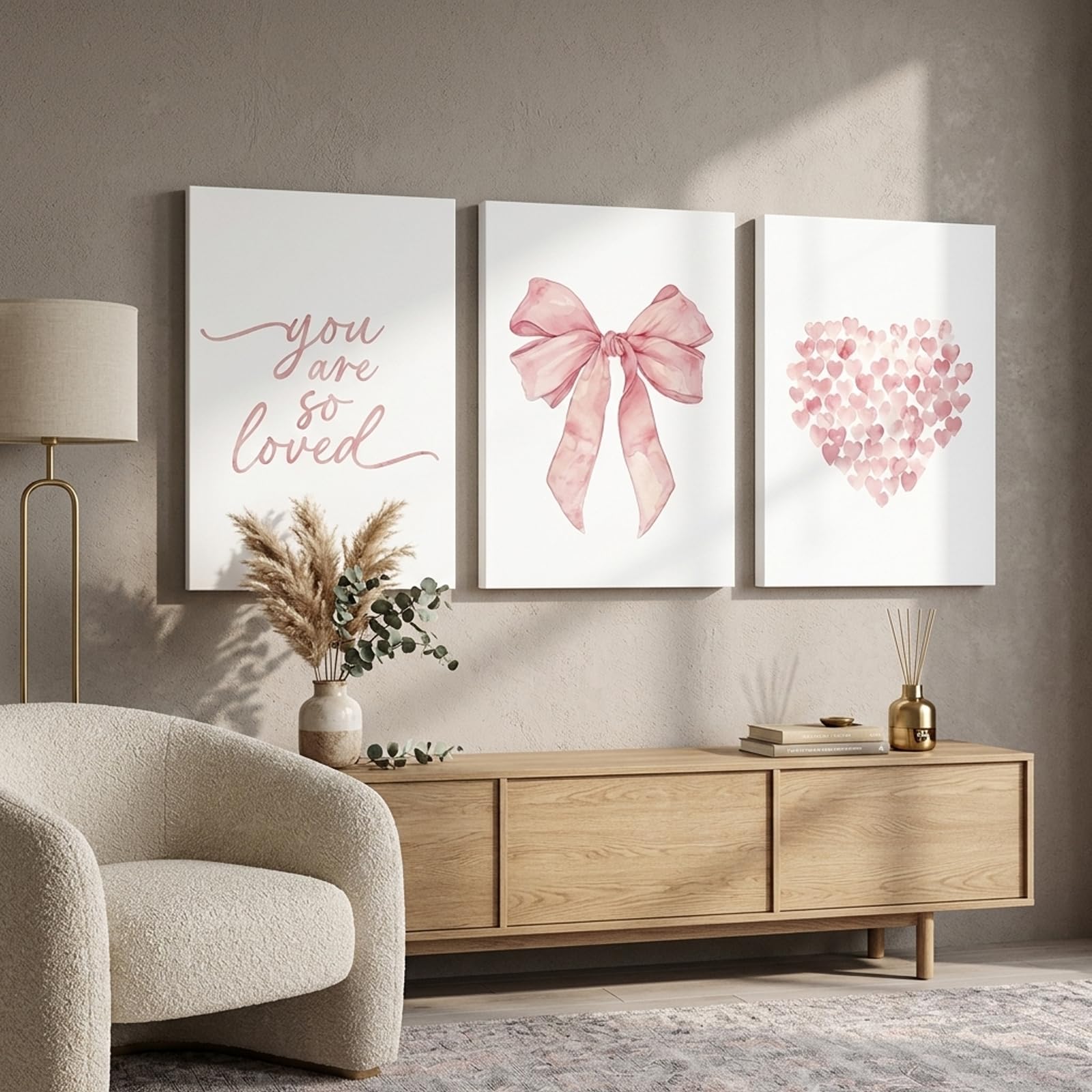 champracer 3er Rosa Poster Set mit Holzrahmen Poster Aesthetic Ästhetisches rosa Herz-Schleifen-Muster Leinwand Wandkunst Mädchen Zimmer Deko (40 * 60cm)
