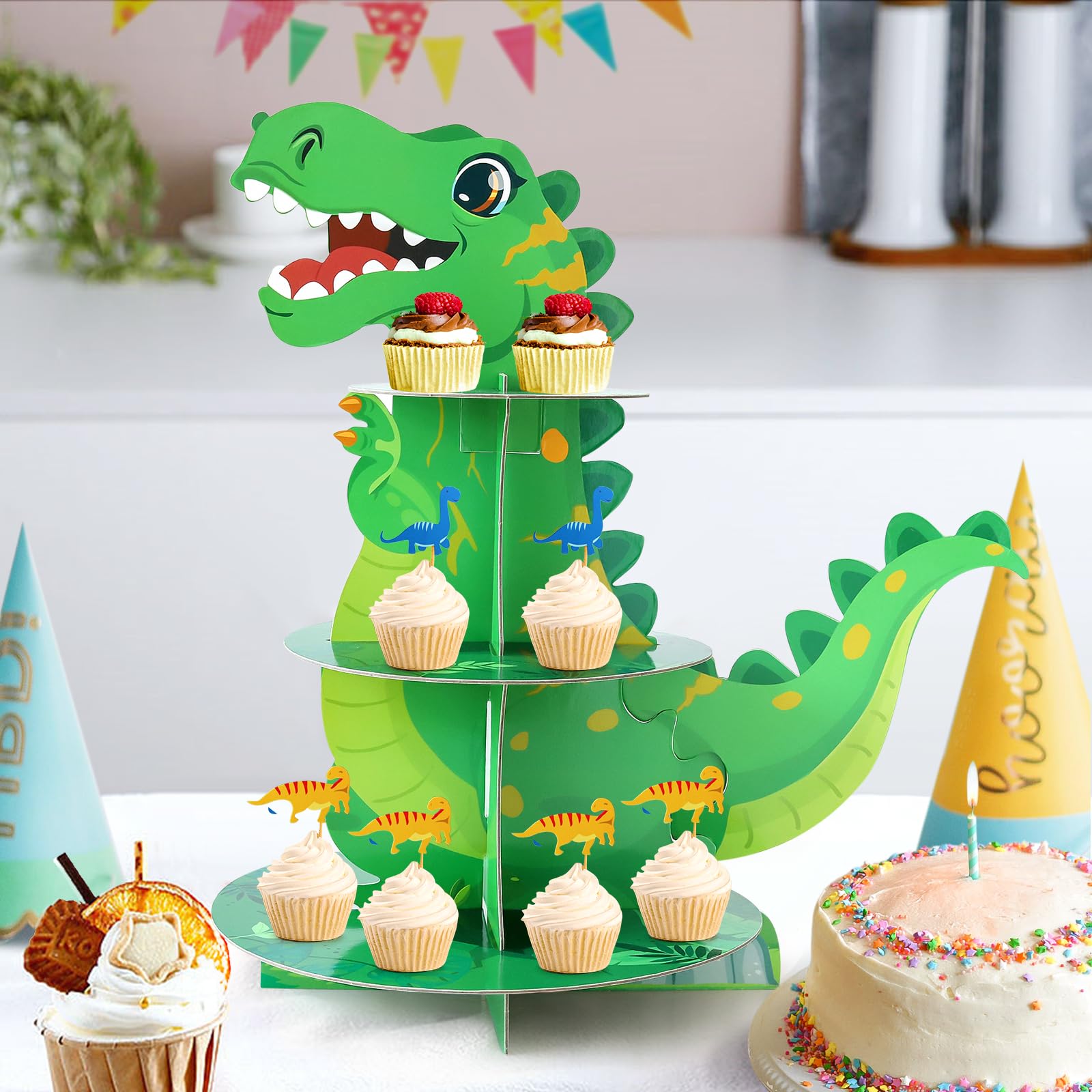 Spetebo Alzata in cartone, 34 x 30 cm, con 3 ripiani, colore oro, con manico a cuore, per dolci, muffin, cupcake, piatto per servire