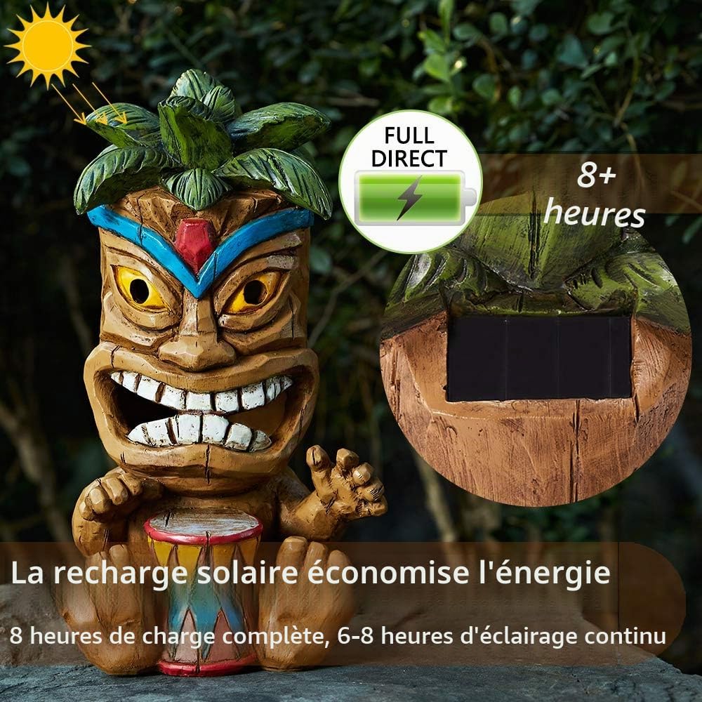Statue Tiki d'extérieur décorative à énergie solaire - Statuettes de jardin Tiki - Décoration de bar totem - Figurines étanches pour jardin, terrasse, balcon, cour, pelouse, 26 cm de haut