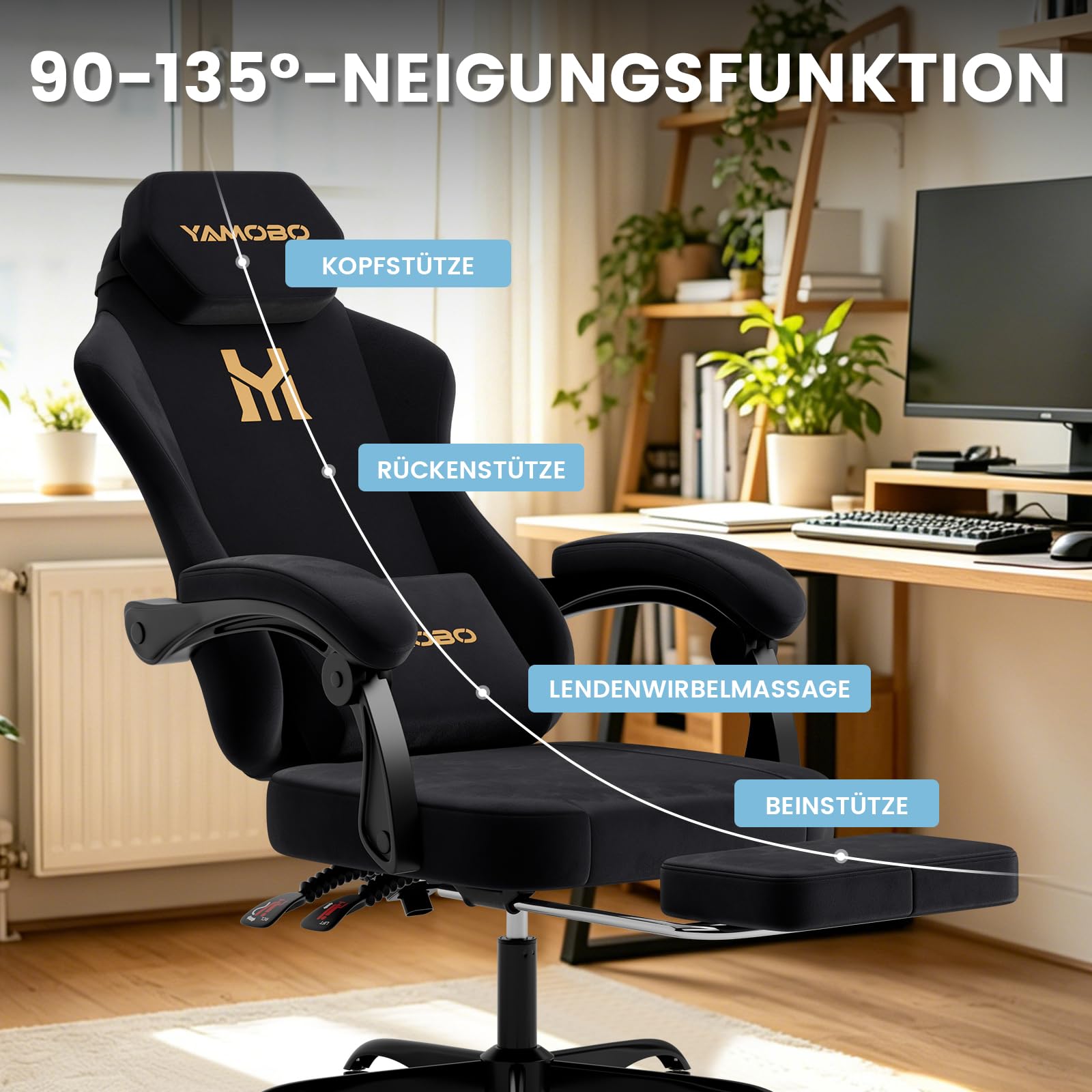 Gaming Stuhl Stoff Ergonomisch Gaming Chair mit Fußstütze Schwarz