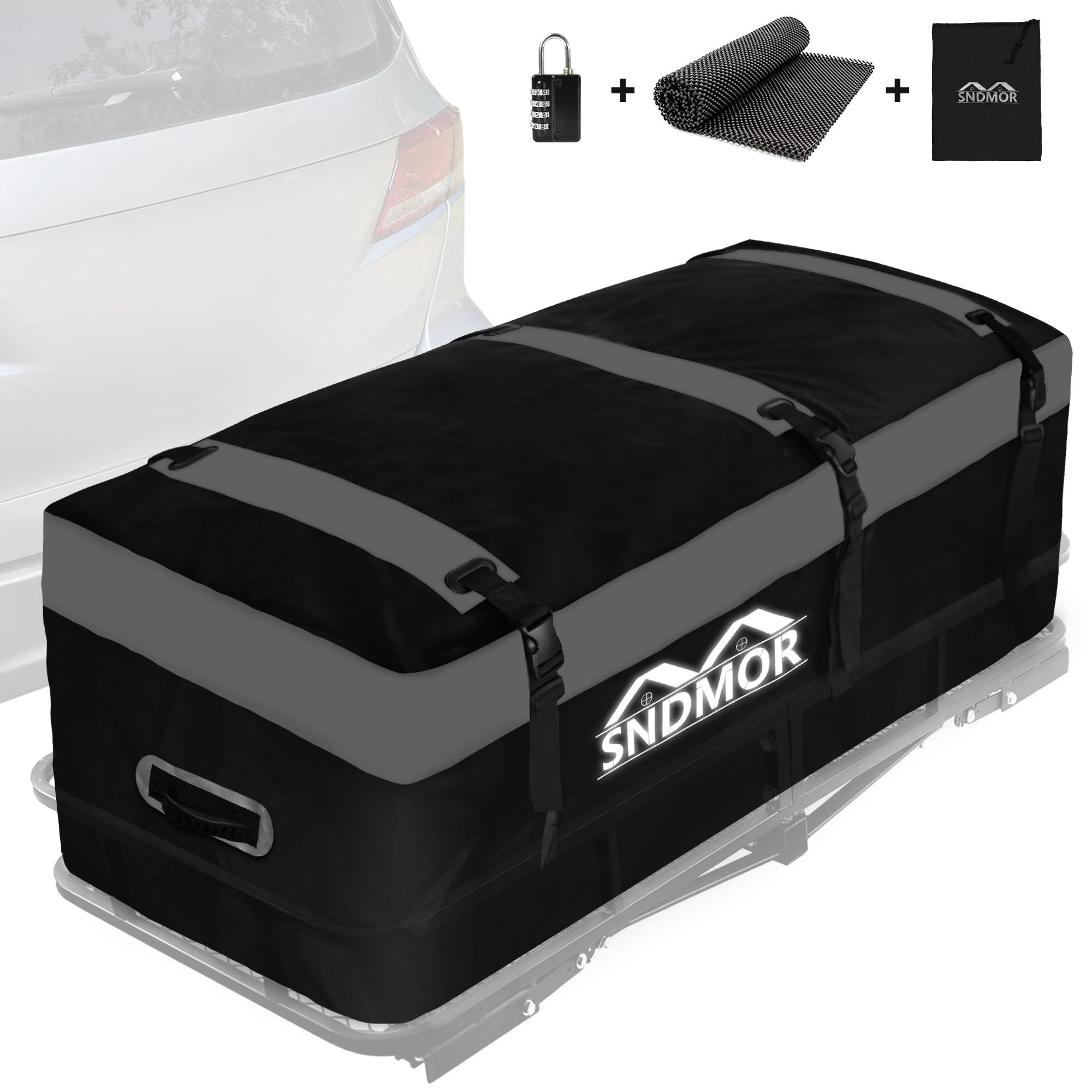 SNDMORTrailer Cargo Carry Bag, 538L/19 Cubic Feet Waterproof Rear Box for Tow Bar, Includes 6 Reinforcement Straps (Grey)
